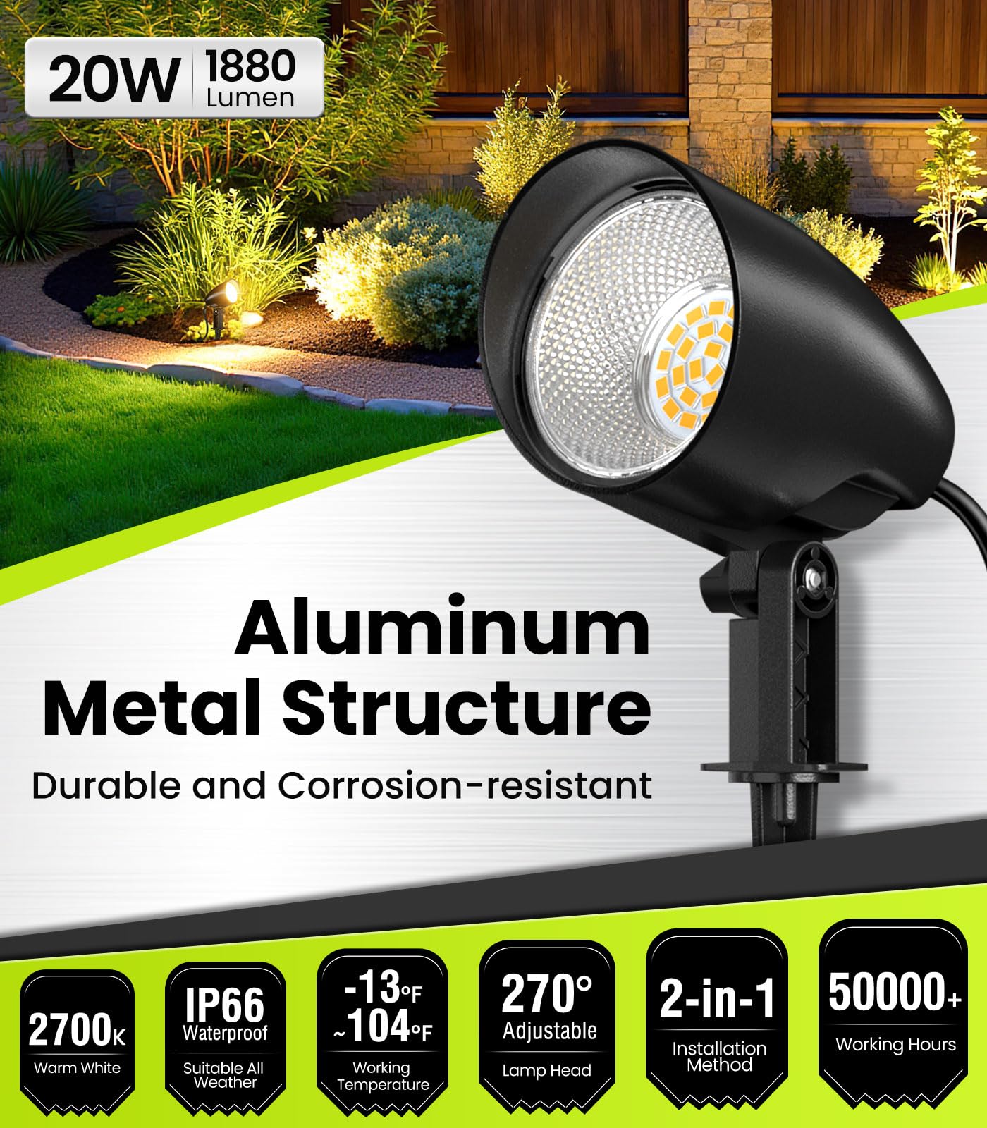 CLV Reflektor ogrodowy z grotem ziemnym 20W ciepła biel 7520lm natężenie prądu oświetlenia ogrodowego, IP66 wodoodporna lampa ogrodowa z wtyczką EU, lampa ogrodowa aluminiowa 4 sztuki | 2700K Lampa do trawnika Aluminiowa obudowa IP66 Wodoodporna Światła L