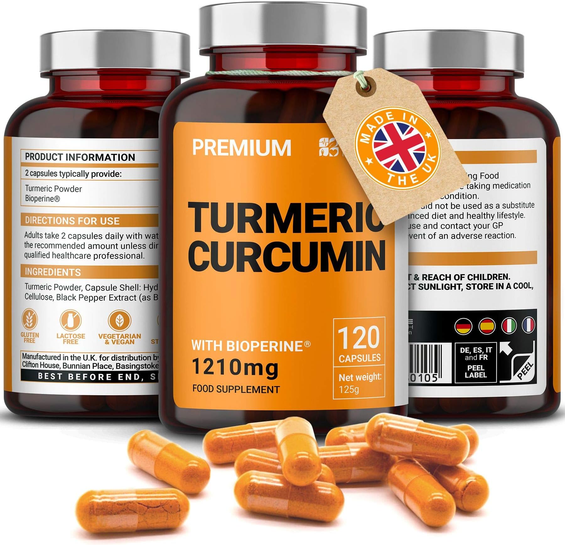Turmeric Curcumin with Black Pepper Extract (BioPerine) 1210mg | High Strength Vegan Capsules | No Additives or Binders | Non-GMO & Gluten-Free | UK Made