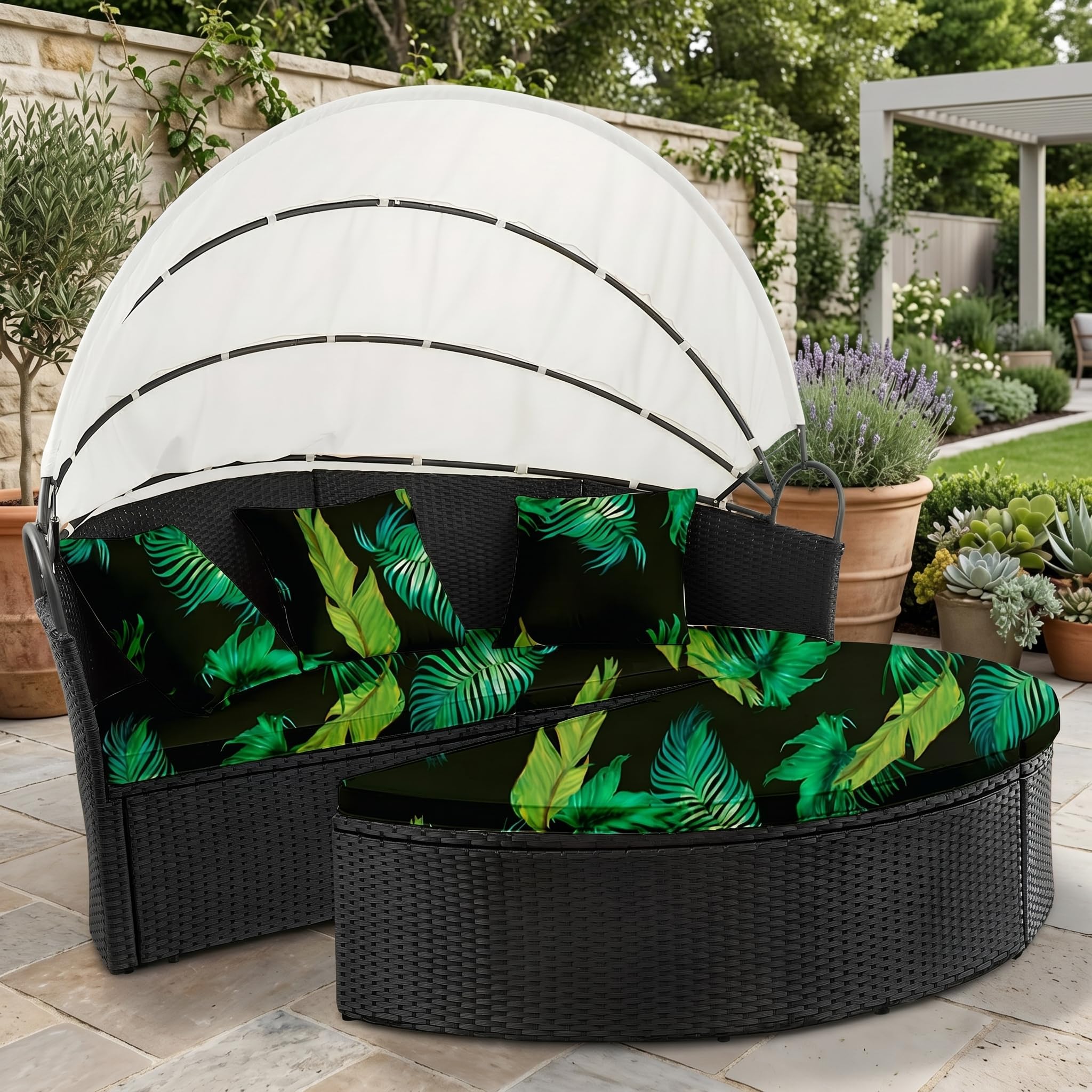 LiveGo Outdoor Daybed Cushion Cover, 66" Replacement Daybed Cover with Elastic Band, Sun Bed Cushion Cover, Outdoor Round Bed Cushion Covers (Summer, 2 Half Round Covers + 3 Pillow Covers) โ image 1