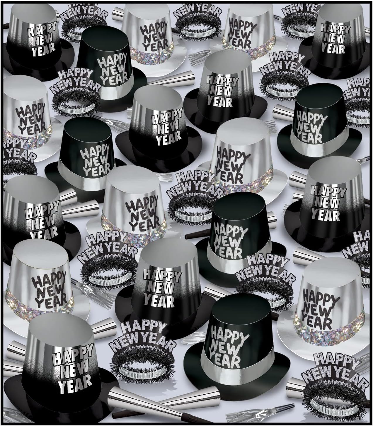 Beistle Great New Year Party Assortment for 300 Guests – 600 Piece Celebration Kit, Foil Hi-Hats, Fringed Tiaras, Horns, Squawkers, Countdown Event Supplies, Black Silver Theme