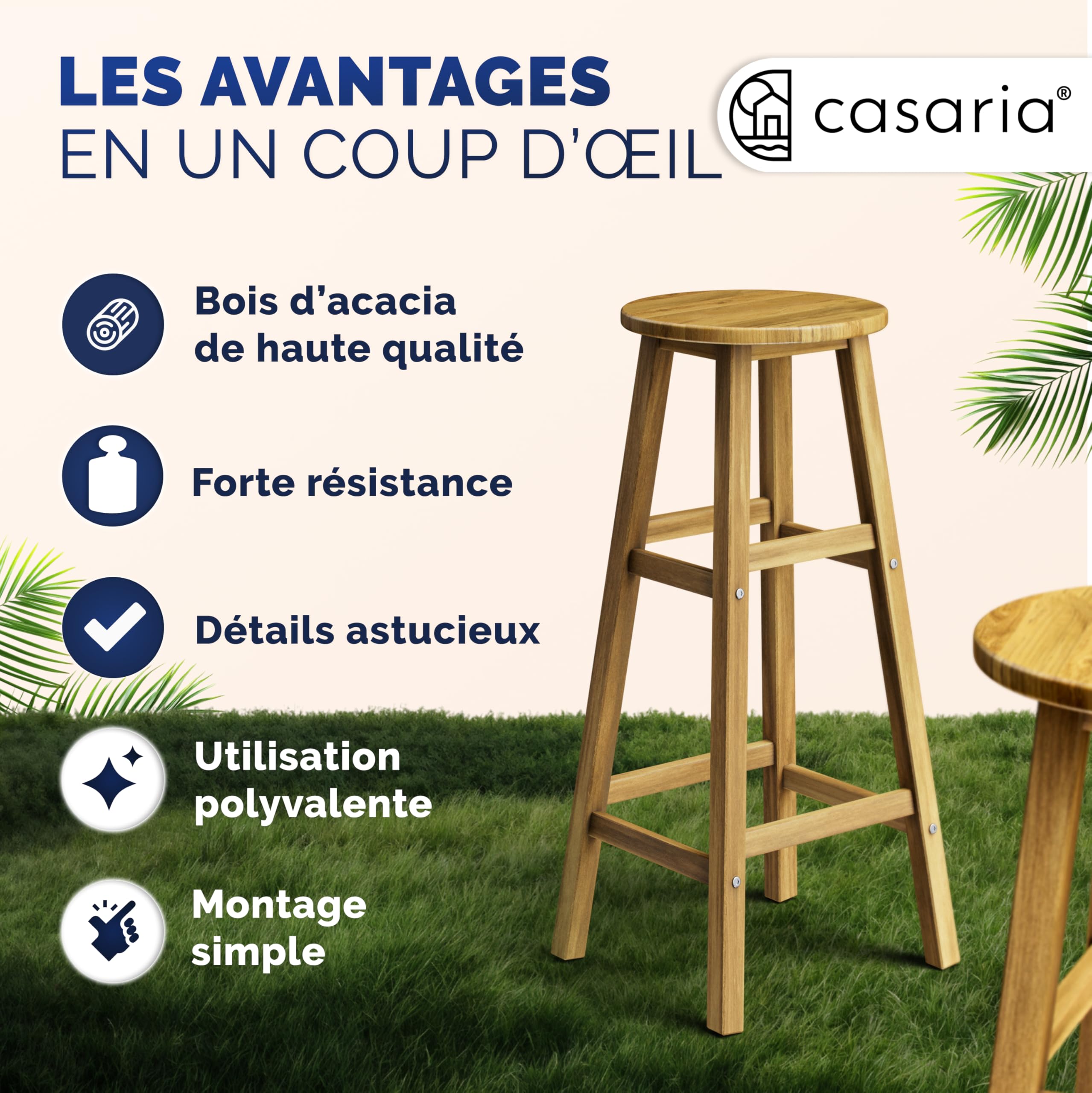 Casaria® 4X Tabourets de Bar chaises Hautes Bois d'acacia Assise Ronde avec Repose-Pieds Hauteur 75 cm Style Rustique