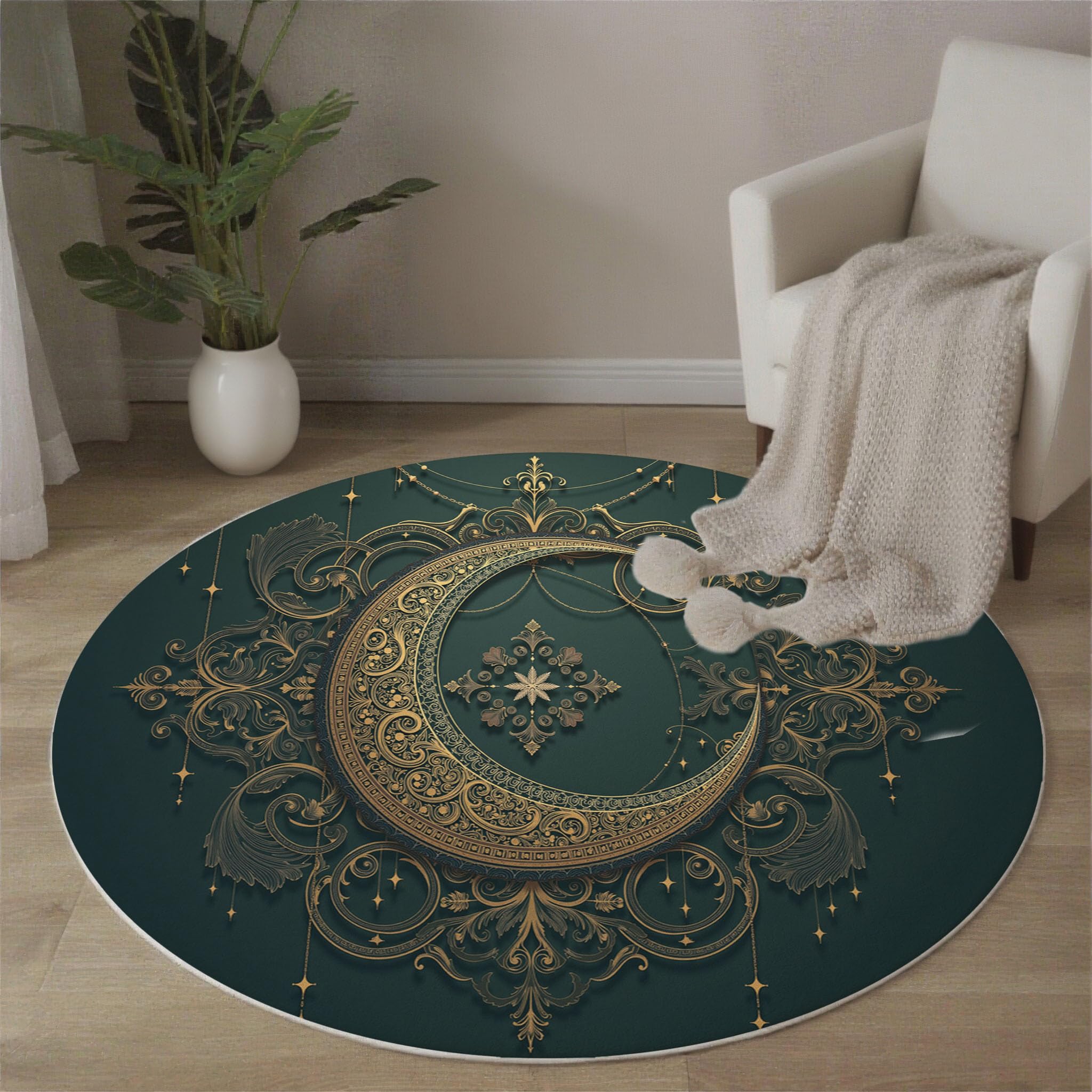 Tapis de Salon Rond, Motif Art Décoratif En Filigrane De Croissant De Lune Tapis Antidérapant Doux Moelleux pour Décoration Salle à Manger Canapé ou Chambre d'enfant (Vert foncé, Diamètre 200cm )