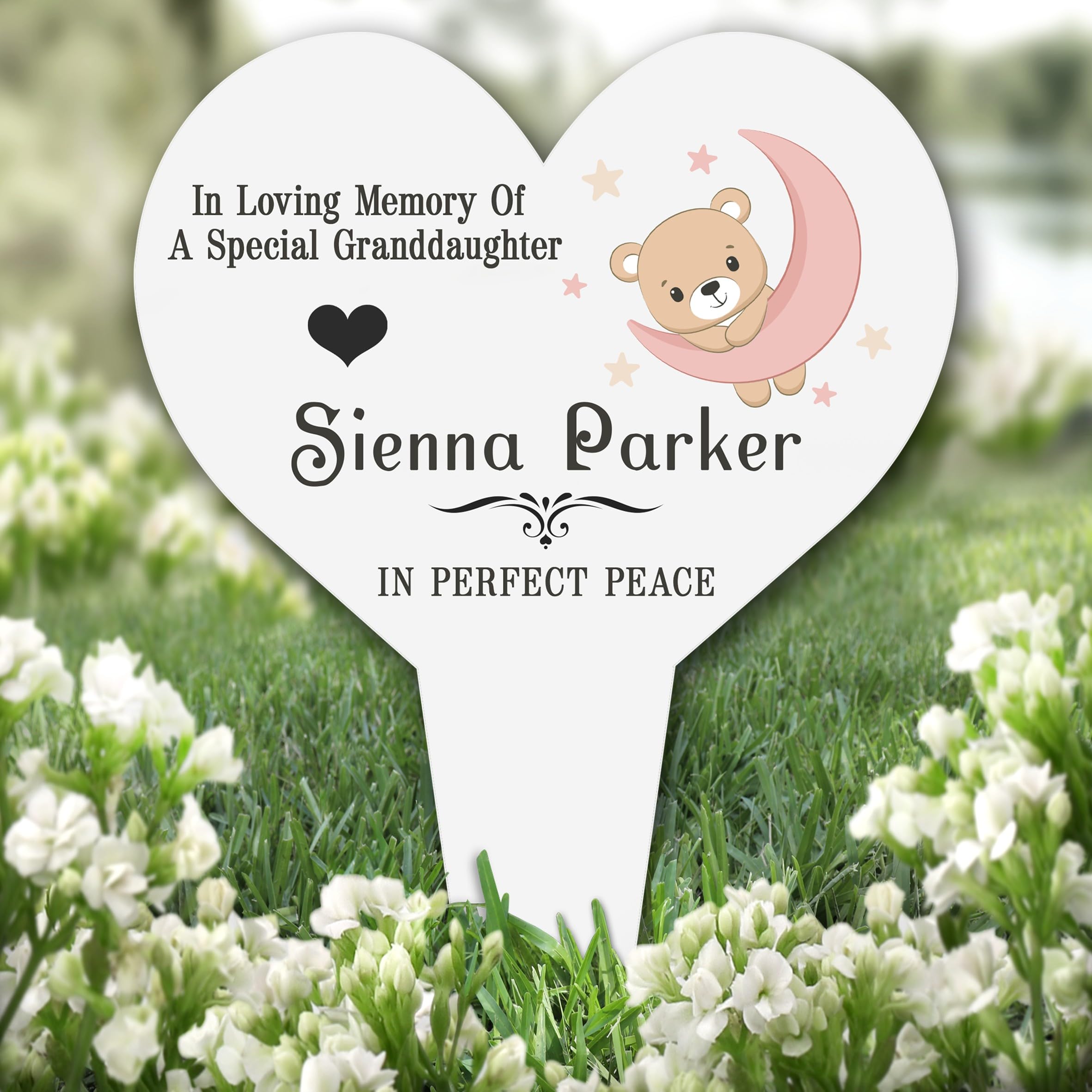 Heart Granddaughter Baby Bear Moon & Stars Grave Garden Plaque Memorial Stake |Personalised In Loving Memory Remembrance Memorial Plaque Grave Decoration Marker Garden Ground Stake