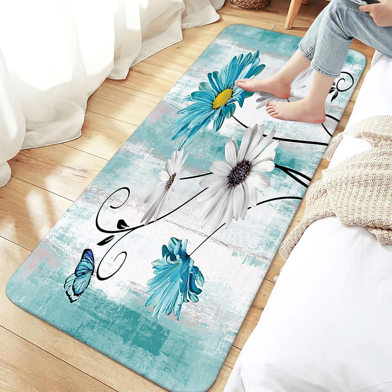 JAWO Teal Floral Bathroom Rugs, Rustic Farmhouse Floral Bath Mats Farm Style Daisy Butterfly on Country Wooden Bath Rugs Cute Door Mat for Shower Tub Hallway, 17"x48" Teal