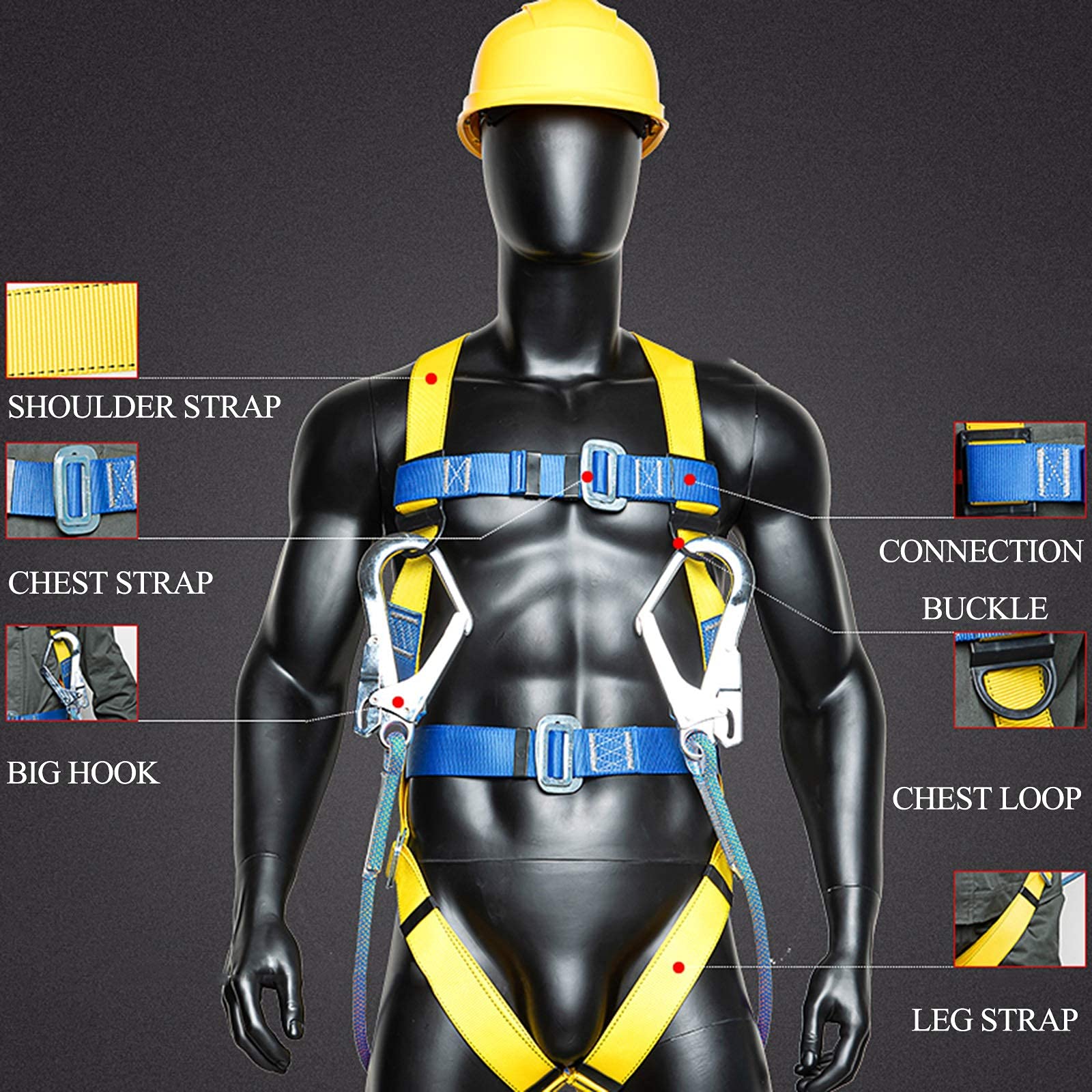 SwaYve Harnais Antichute de Sécurité, Kits de Harnais de Sécurité Complets Pour Le Travail Aérien, Ceinture de Sécurité, Kit de Harnais de Sécurité de Protection Contre Les Chutes/Single Big Hook/1.8M