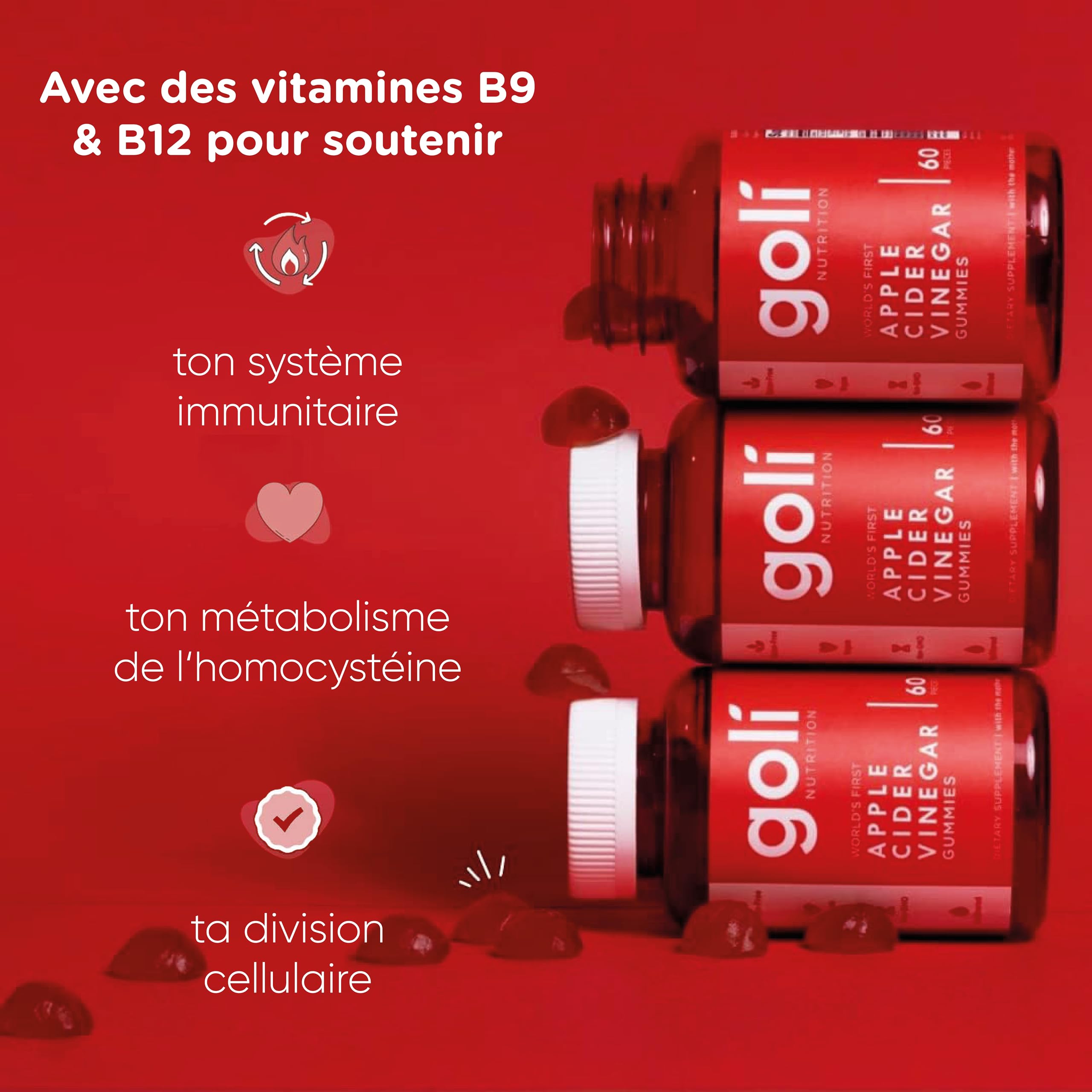 Goli Nutrition, Apple Cider Vinegar Gummies (Gommes au Vinaigre de Cidre), 500mg, 60 Gommes végétaliennes, Sans Gélatine, Sans Gluten, Végétarien, Sans OGM