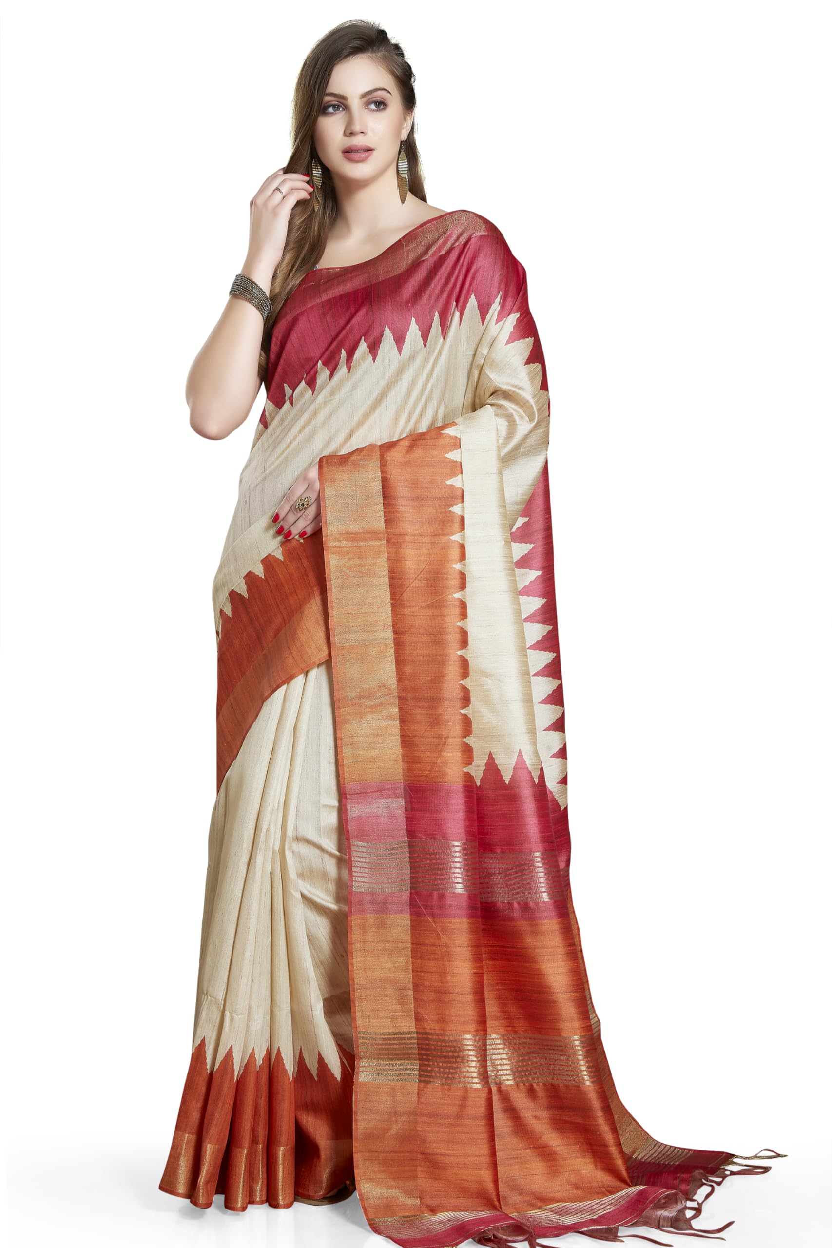 Women's Printed Art Tussar Silk Zari Border Saree With Blouse Piece-image-42
