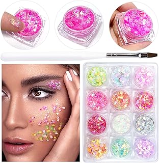 DAGEDA Body Glitter Gel 12 Colours,Chunky Glitter Gel,Long-Lasting Festival Glitter Gel,Waterproof Mermaid Sequins Liquid Gel,Holographic Glitter Chunky Gel For Face Hair Lips Festival Party Make Up