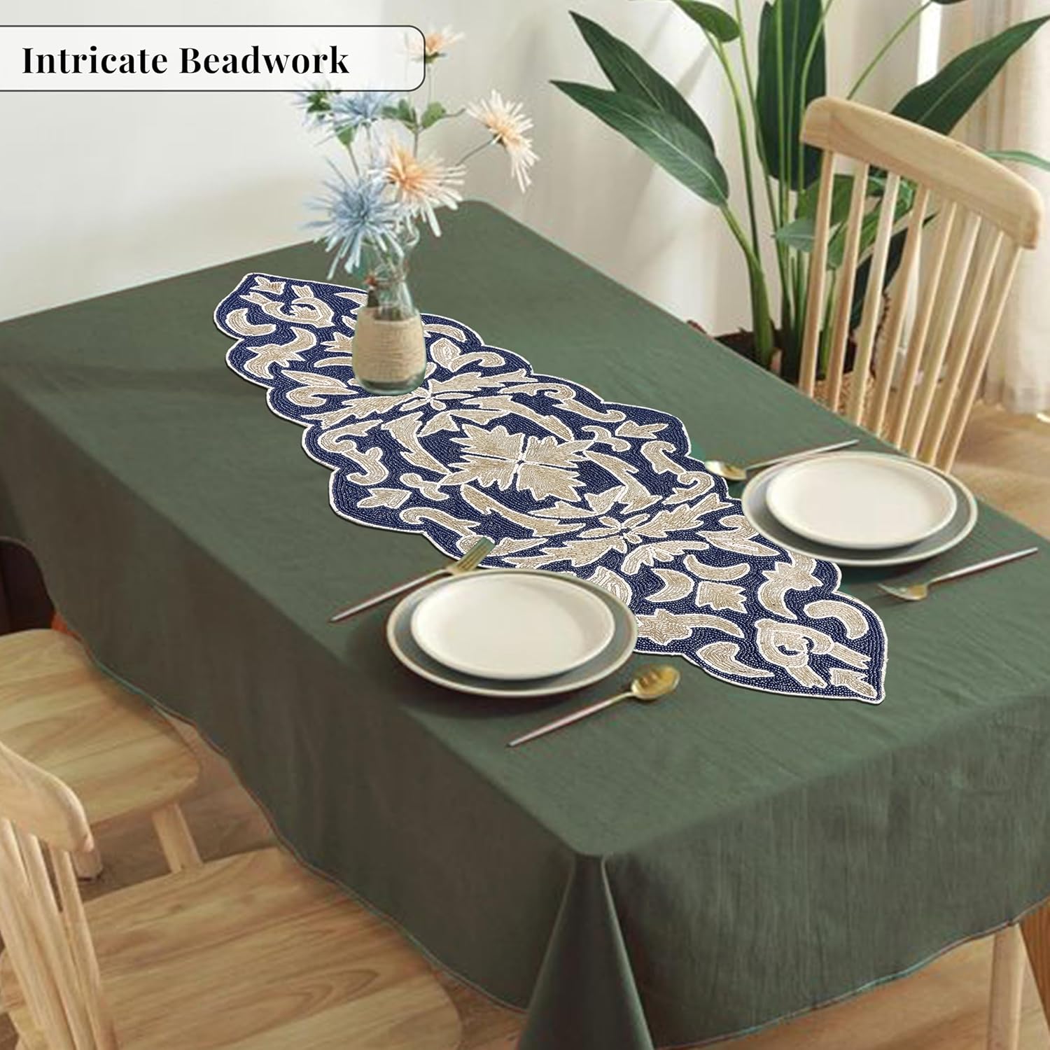 CLEENTABLE Decorative Beaded Table Runner – Glass Beads & Polyester Luxury Table Runner for Dining Table, Wedding & Holiday Centerpiece Décor, 36 Inches Length x 13 Inches Width (Blue & Silver)