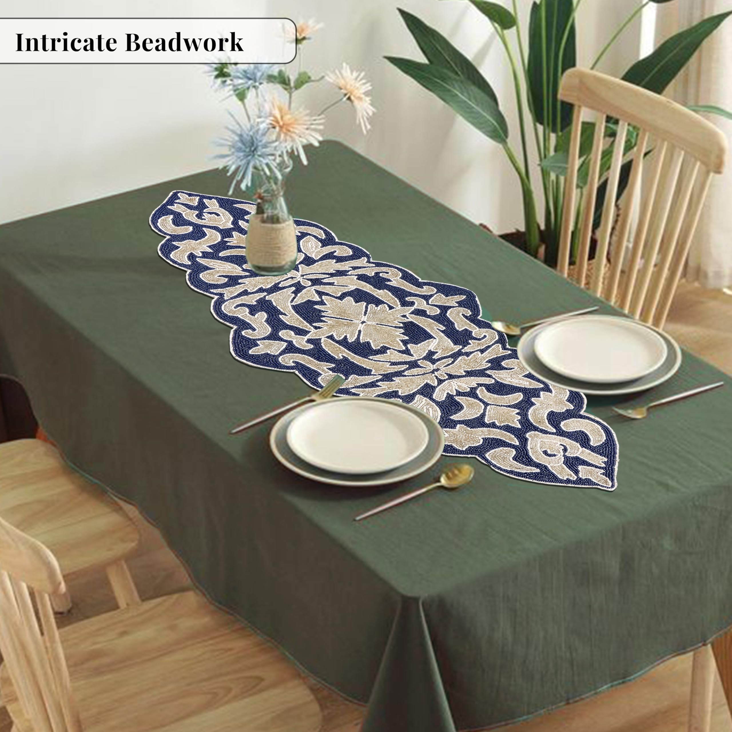 Camino para mesa de comedor, camino de mesa de cocina duradero, resistente a las manchas para mesa, mesa de cocina, camino de mesa duradero de 13 x 36 pulgadas, color azul marino plateado