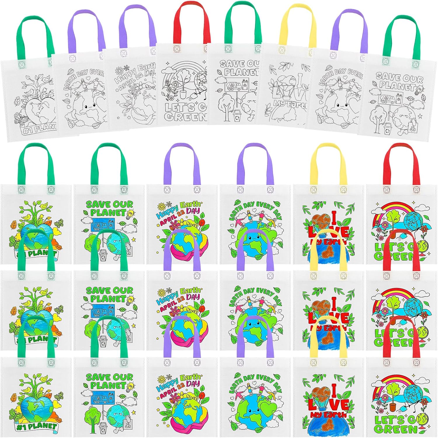 30 Pcs Earth Day Coloring Goodies Bags with Handle Earth Day Color Your Own Bags Bulk Green Ear-th Non Woven Coloring Tote Packet Ear-th D-ay Coloring Tote Bag for DIY Crafts Painting Party Supplies