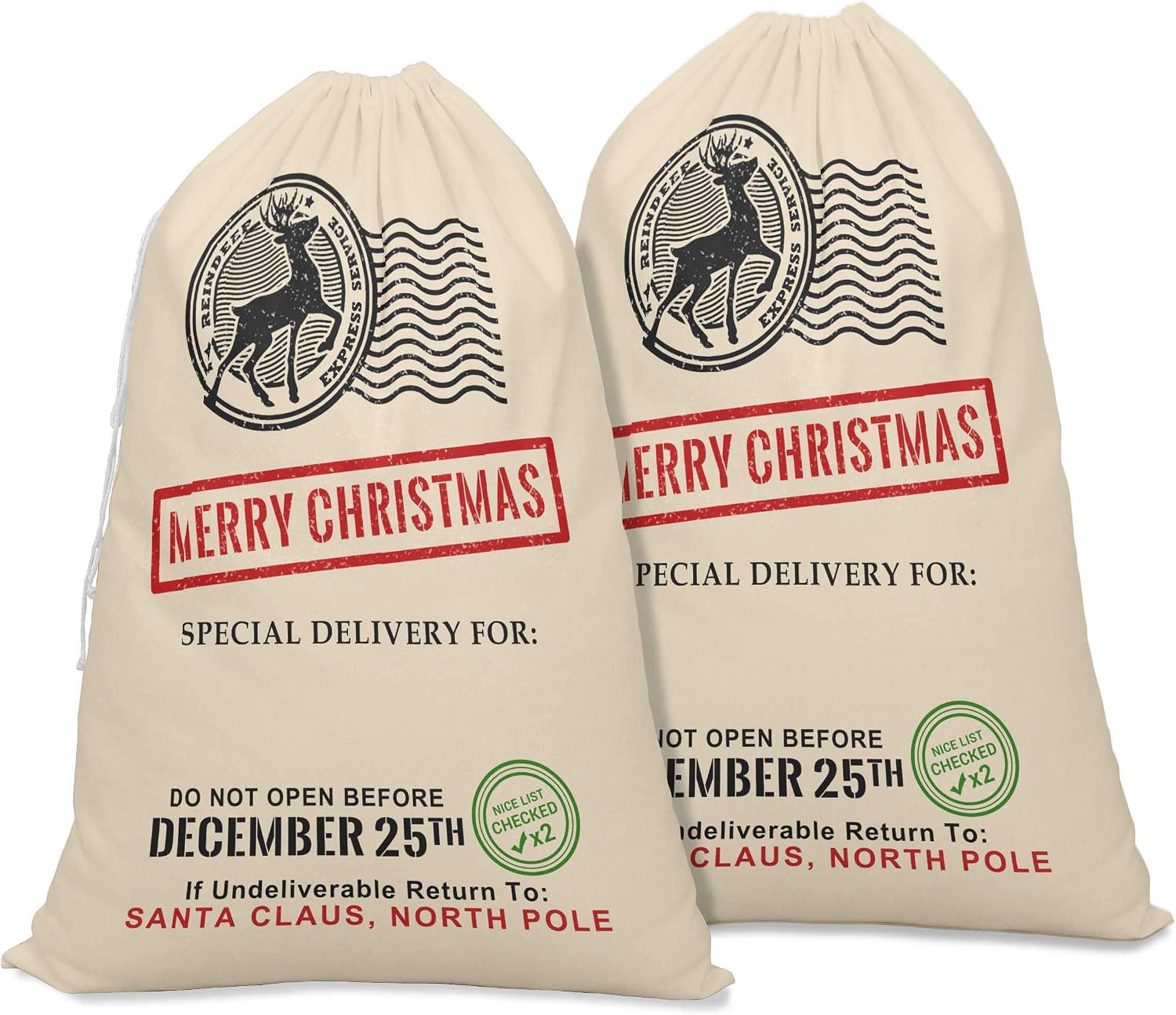 Printtoo Large Drawstring Canvas Bag Christmas Sack Bags Santa Gift Sack Custom Party Favor 2 Pcs 27x20 Inch