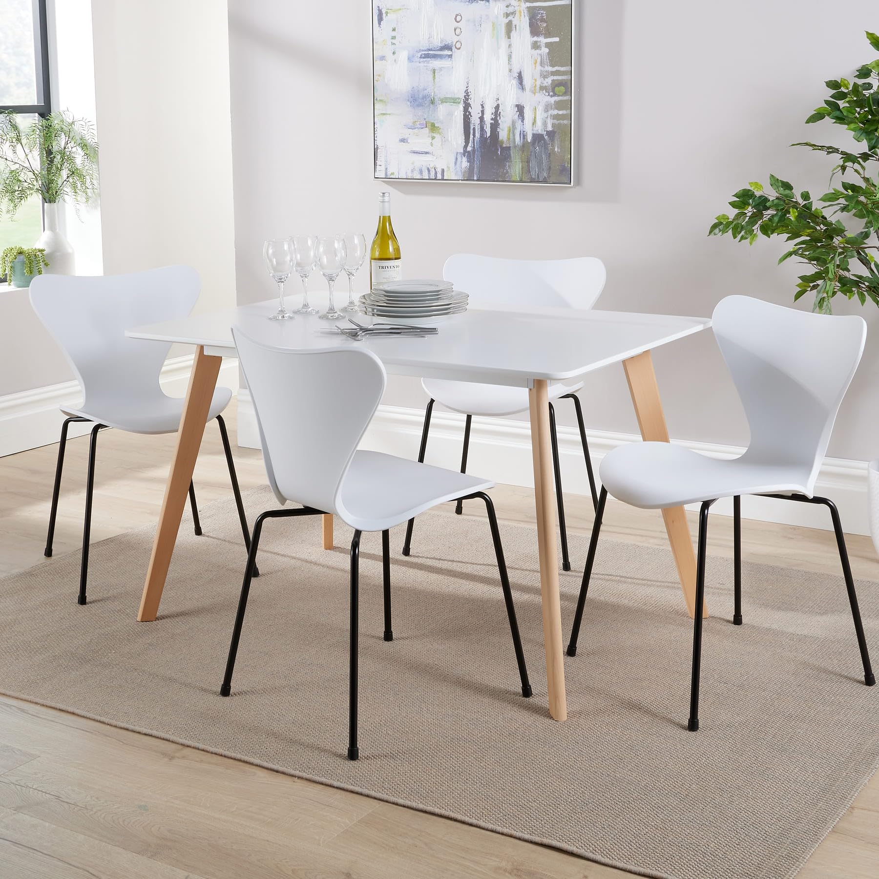 Home Source Kitchen Dining Table Set, 4 White Moulded Chairs, 120cm White Top Table