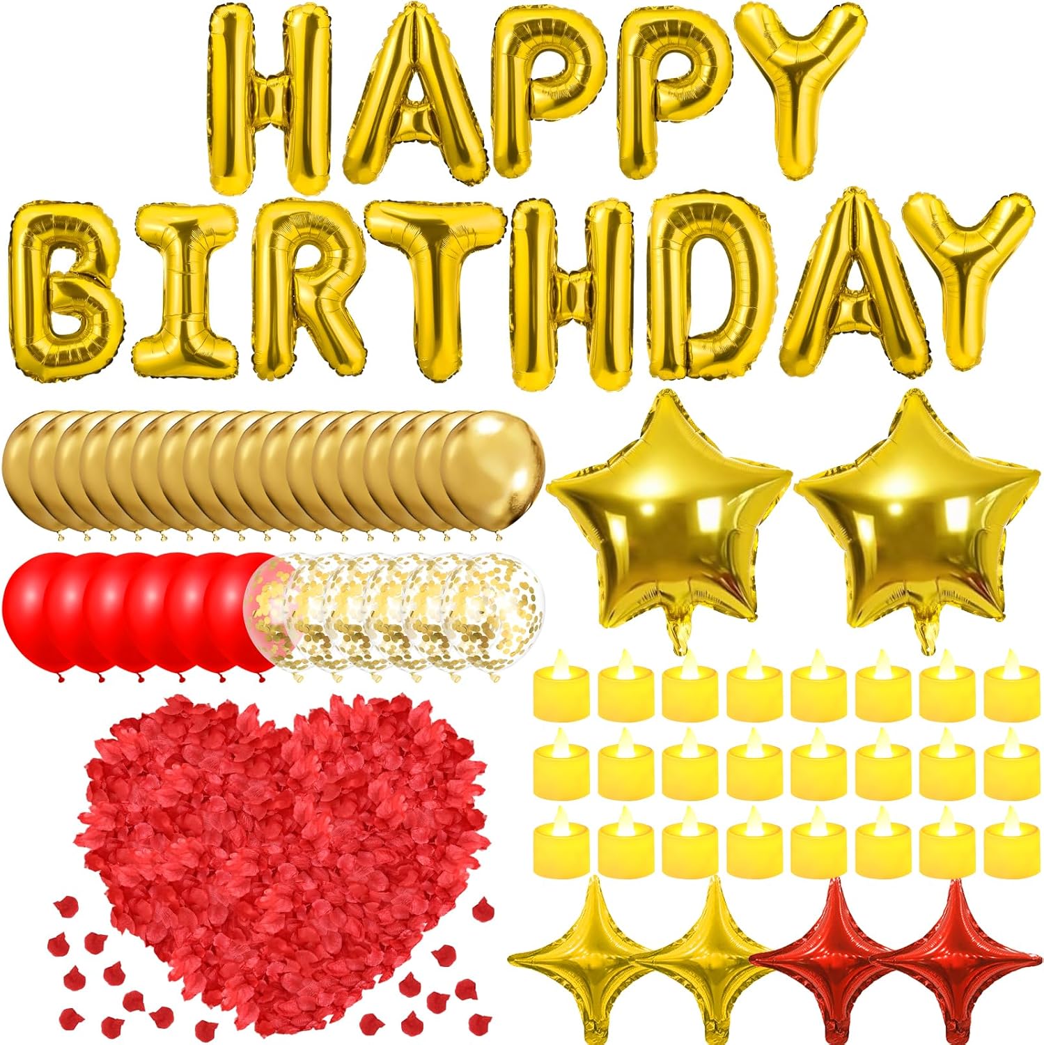 Gold Happy Birthday Balloons Decorations Red and Gold Birthday Balloon Letters Banner with 6 Pcs Star Balloons Red Artificial Rose Petals 24 Flameless LED Candles for Room Golden Bday Party Supplies