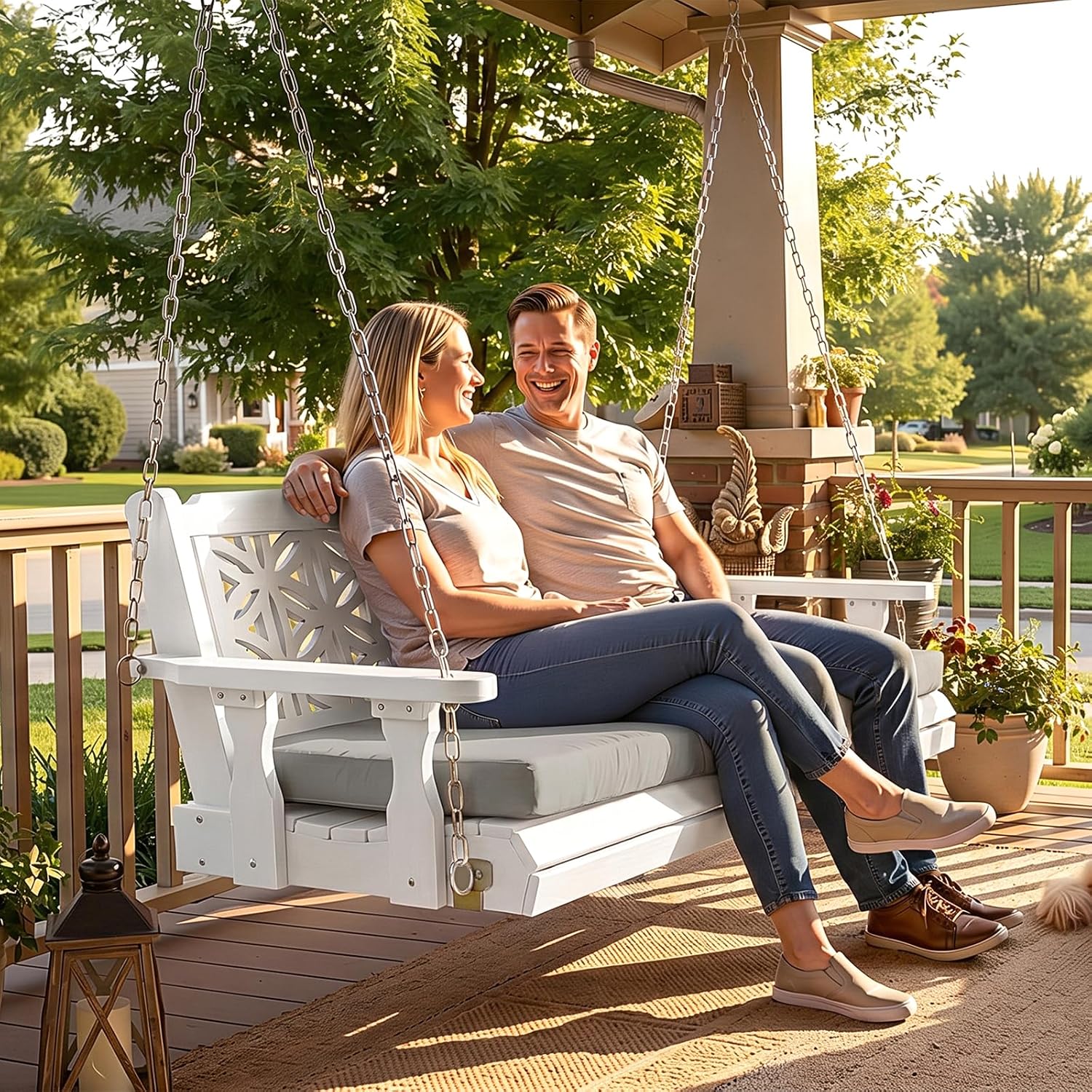 VINGLI 4.5 FT Outdoor Porch Swing with Cushions, Heavy Duty 880 LBS 2-Person Wooden Patio Swings with Eternal Flower Pattern and Fade-Resistant Seat Cushion for Yard, Garden, Tree (White) image 6