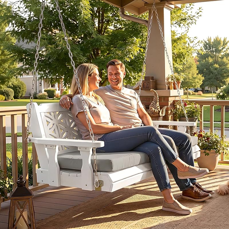 VINGLI 4.5 FT Outdoor Porch Swing with Cushions, Heavy Duty 880 LBS 2-Person Wooden Patio Swings with Eternal Flower Pattern and Fade-Resistant Seat Cushion for Yard, Garden, Tree (White) image 6