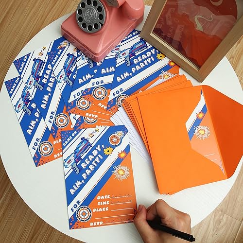 Miniatura 4 de Paquete de 24 invitaciones de cumpleaños de Dart War Gun Nerf Dart War Gun Party Invitation Cards, 24 etiquetas adhesivas de guerra de dardos, 24