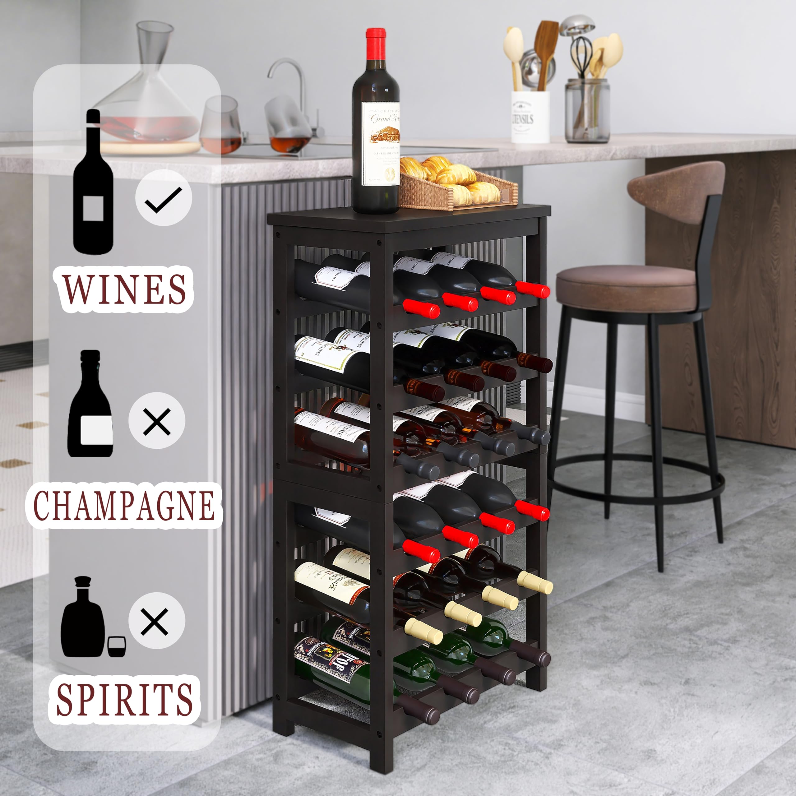 STELLSTAR 24 Bottiglia In Piedi Scaffalatura Vino In Piedi 6 Livelli Scaffalatura Piano Tavolo Bambù Bottiglia Di Vino Stand con Barre Ondulate Per Dispensa Sala Da Pranzo Cucina Nero