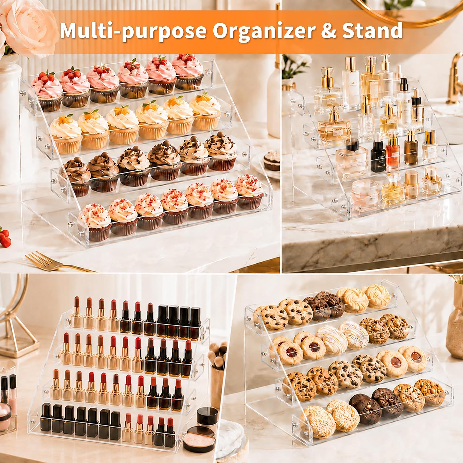 4 Tier Clear Acrylic Cookie Display Stand for Bakers, Vendors, Parties, Craft Fairs and Market Booths, Cupcake and Dessert Display