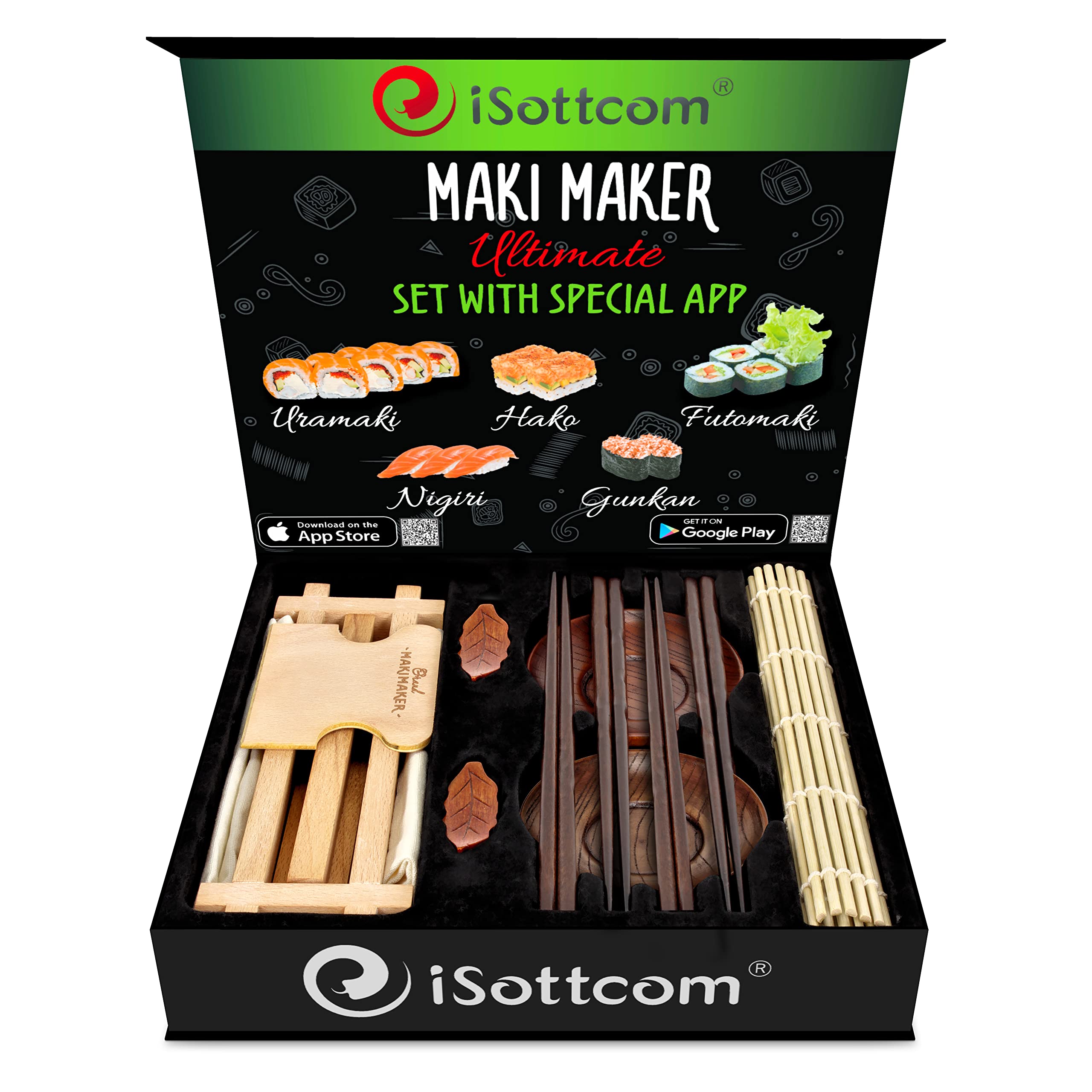 Sushi Making Kit - Premium Sushi Set, Soy Sauce Mixing Bowls, Chopsticks with Holders, Bamboo Mat - Sushi rolling Kit for Home - Sushi roller Mobile App - iSottcom Sushi Maker Kit in Amazing Gift Box