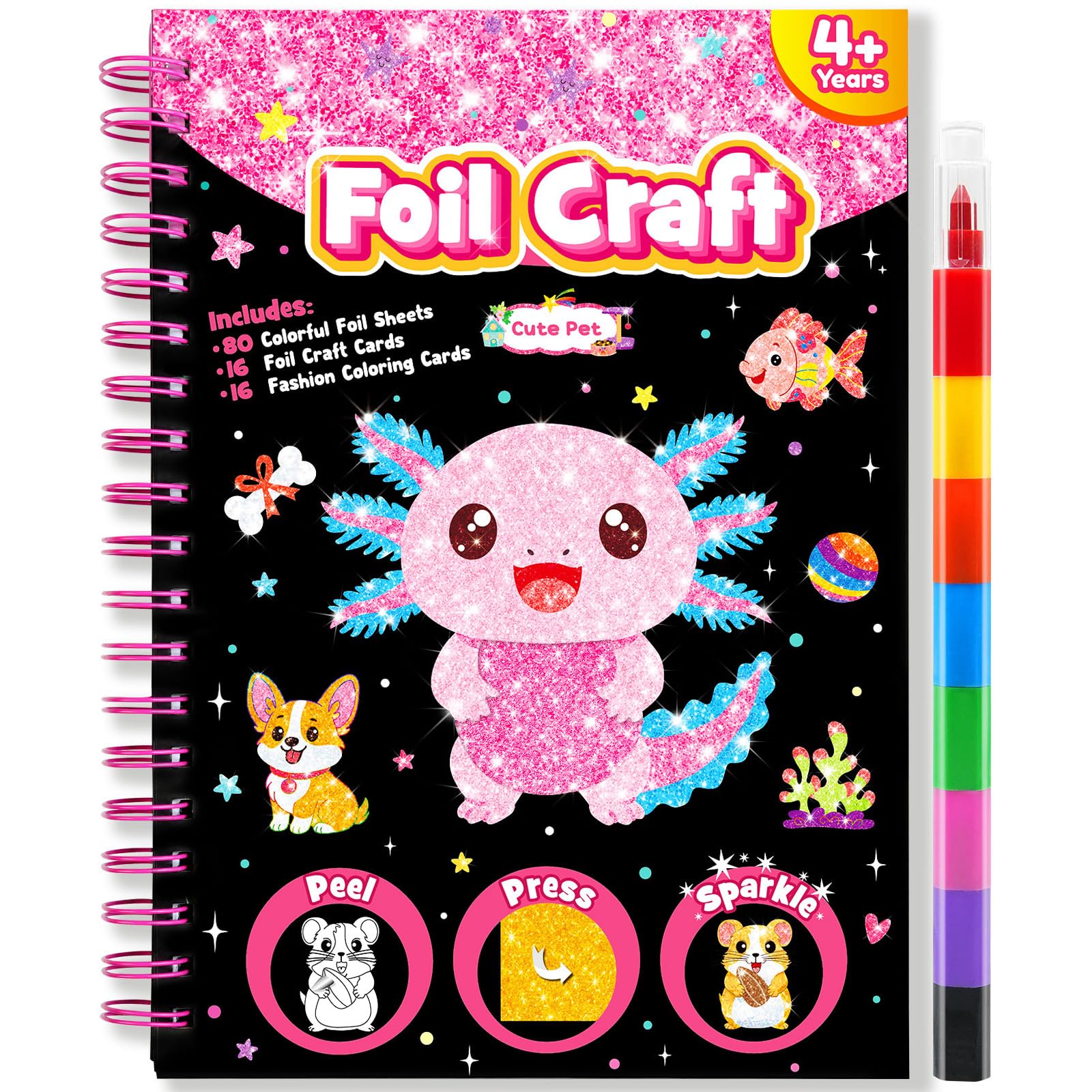 LIKYMO Foil Art - Foil Craft, Art and Craft for Kids, No Mess Colouring Book, DIY Creative Activity, Travel Toys, Gifts for 4-9 Year Old Girls Boys (Pets) — image 1