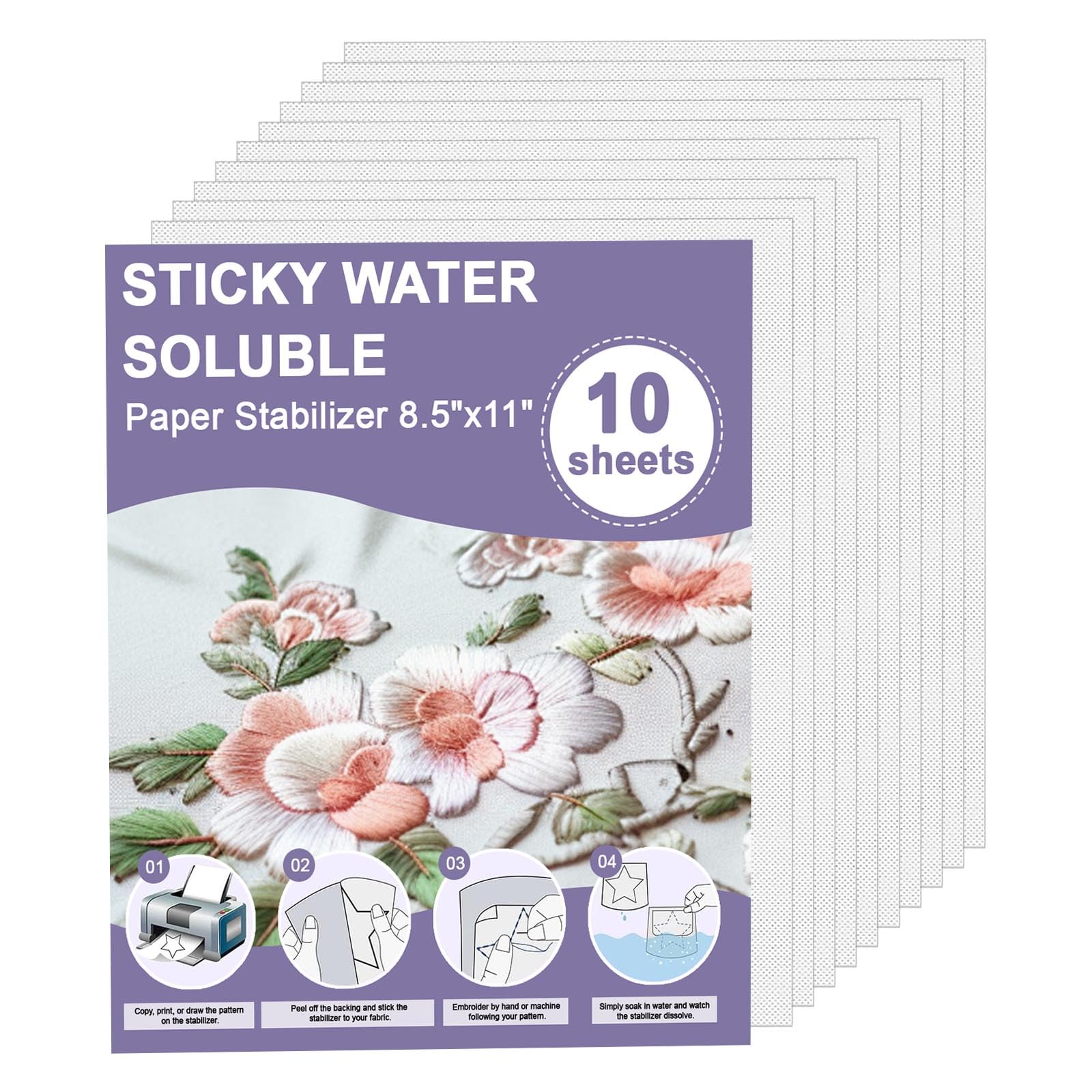 10 Stück Selbstklebende Wasserlösliche Stickvlies Bedruckbare Stickereipapier 27.5x21cm Abwaschbar Stickerei für Hand- und Maschinenstickereien