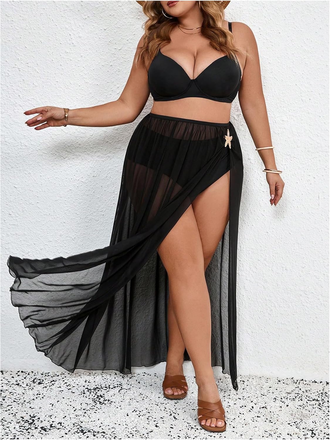 SHENHE Women's Plus Size Sheer Mesh Swim Cover Up Skirt Starfish High Slit Maxi Skirts Bathing Suits Coverups - Image 4