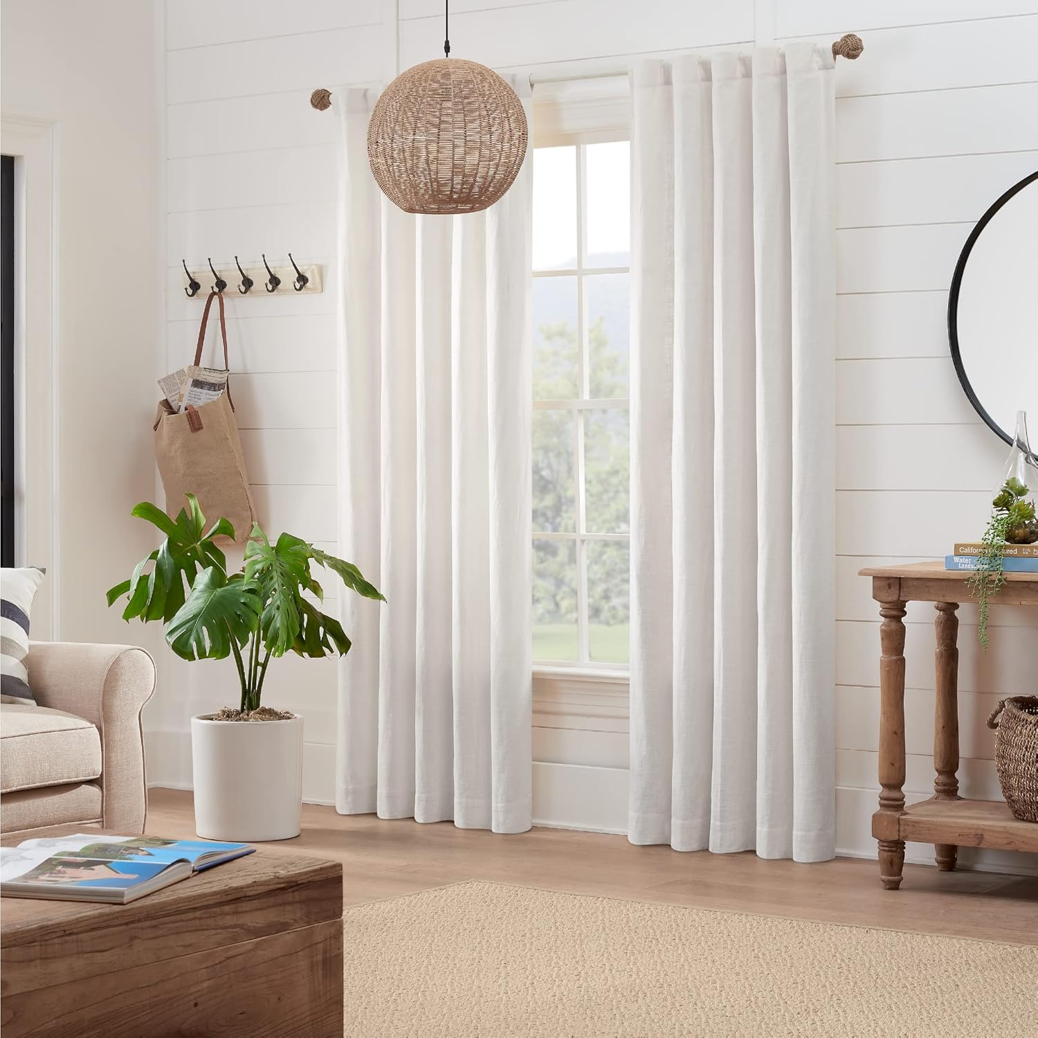 MODE Coastal Collection 1 1/8" Diameter Curtain Rod Set with Coastal Jute Curtain Rod Finials and Steel Wall Mounted Adjustable Curtain Rod, Fits 36” to 72” Windows, Weathered White