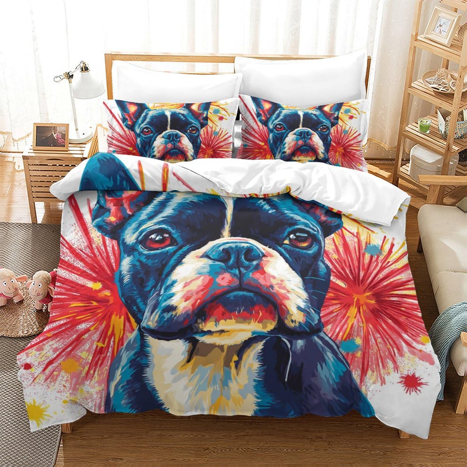 Linge de lit bouledogue français housse de couette 200x200 microfibre avec zip