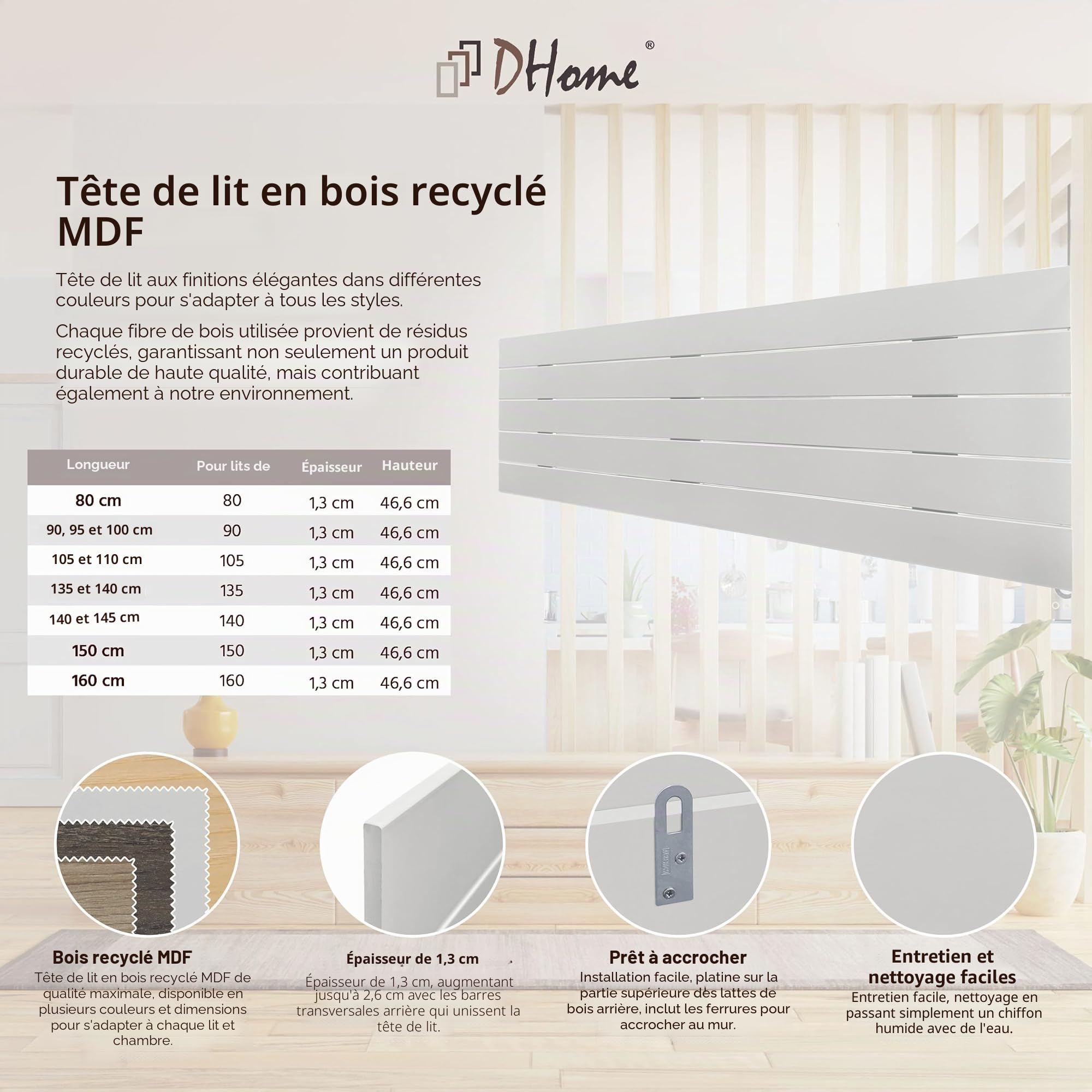 DHOME Tête de Lit en Bois Recyclé MDF Style Palette Horizontale Lit en Palettes Ferrures incluses (145cm, Blanc Solide)