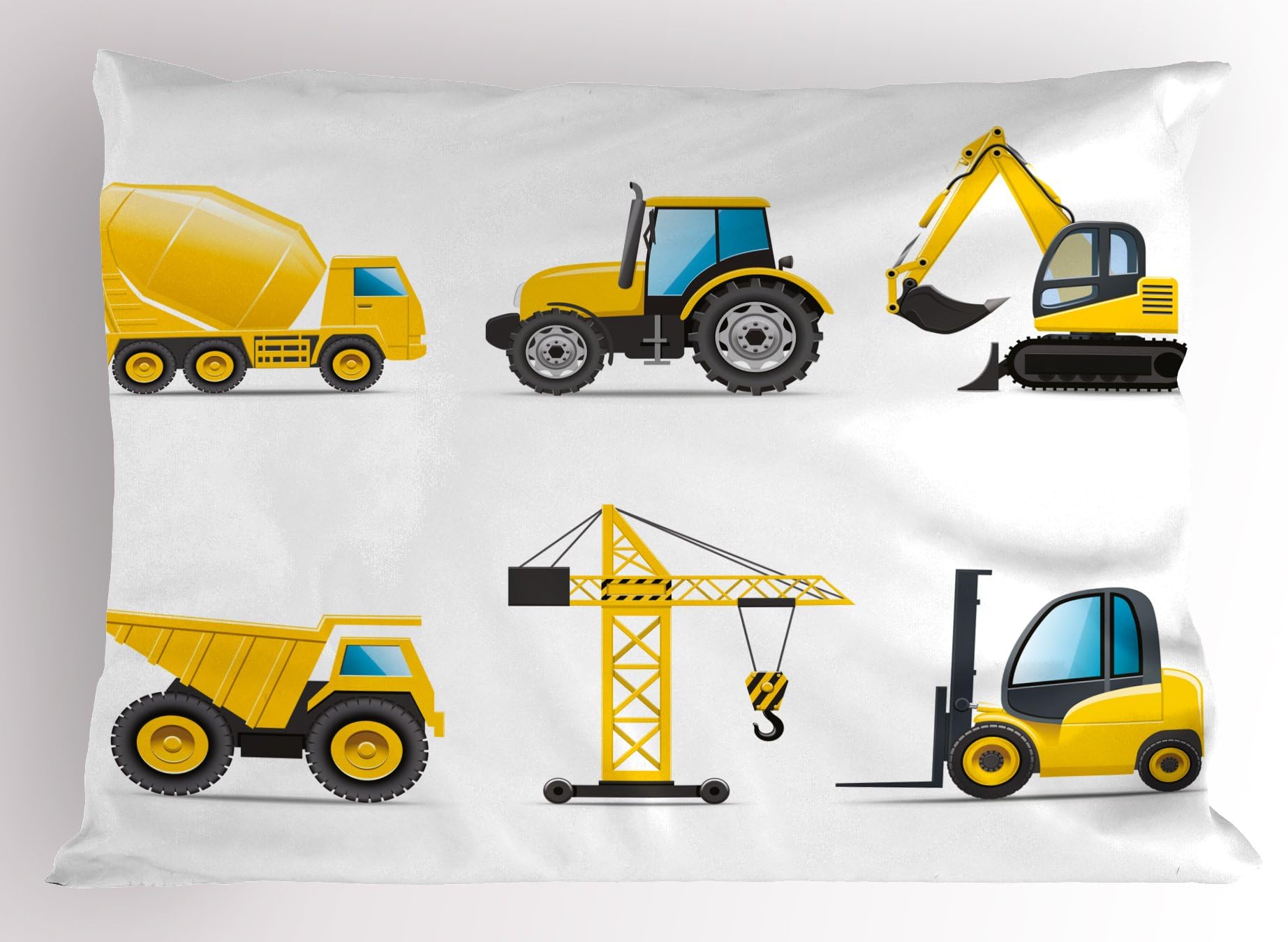 Lunarable Nursery Pillow Sham, Cartoon Style Heavy Machinery Truck Crane Digger Mixer Tractor Construction, Decorative Standard Queen Size Printed Pillowcase, 30" X 20", Yellow Grey