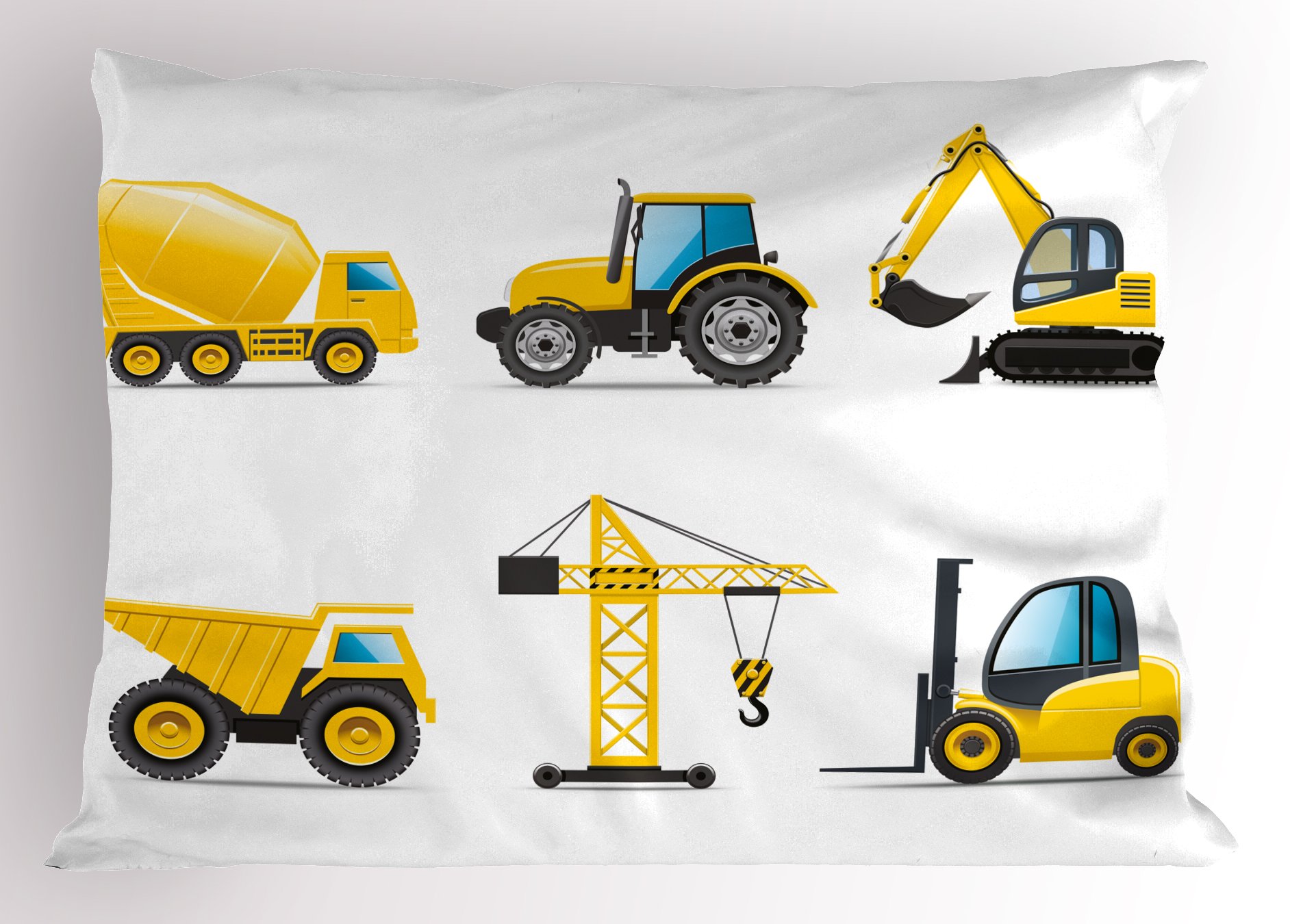 Lunarable Nursery Pillow Sham, Cartoon Style Heavy Machinery Truck Crane Digger Mixer Tractor Construction, Decorative Standard Queen Size Printed Pillowcase, 30" X 20", Yellow Grey