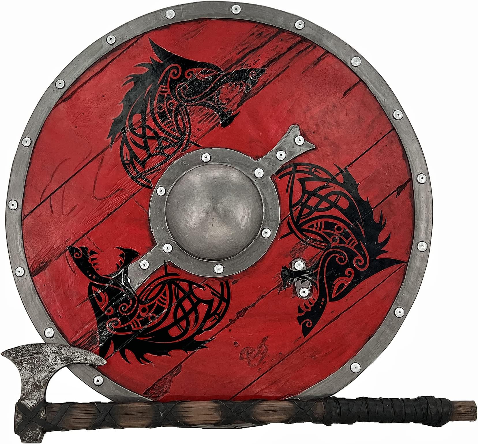 LOOYAR PU Foam Vikings Viking Age Wolf Totem Shield and Axe Prop Decorations for Berserker Knight Viking Halloween Costume LARP