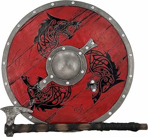 LOOYAR Escudo de tótem de lobo de la era vikinga de los vikingos y decoraciones de hacha para disfraz de Halloween de caballero berserker vikingo