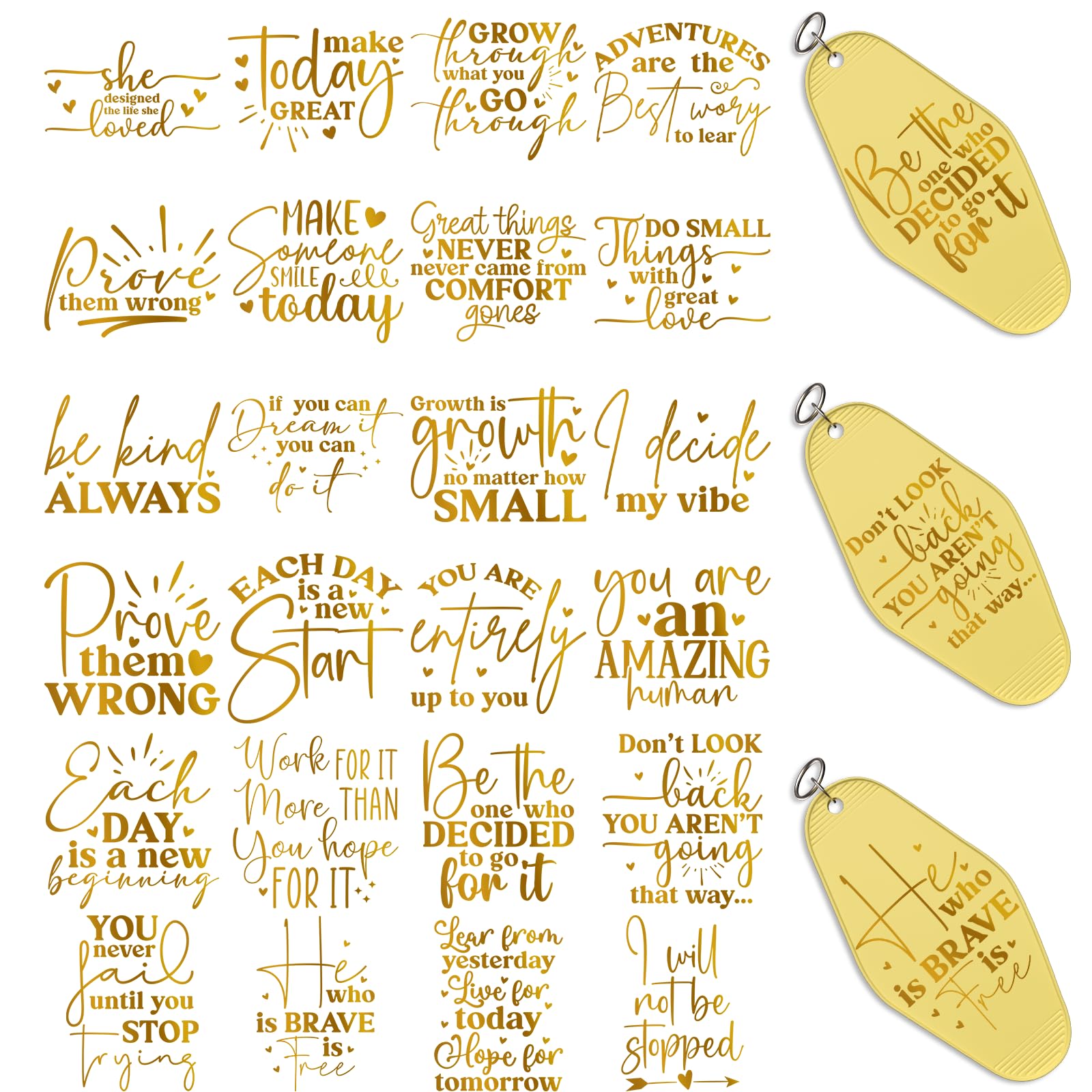 48pcs Golden Inspirational Quotes UV DTF Cup Wrap Transfer Paper for Motel Keychains UV DTF Package Printing Paper Keychain Labels for Acrylic Hotel Keychains, Colorful UV DTF Cup Wrap