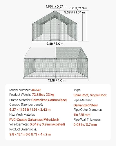 Vista 145 de VEVOR Gallinero de metal, 6.56 x 6.56 x 6.56 pies con tapa, gallinero de techo con cerradura de seguridad, corrales de aves de corral para patio