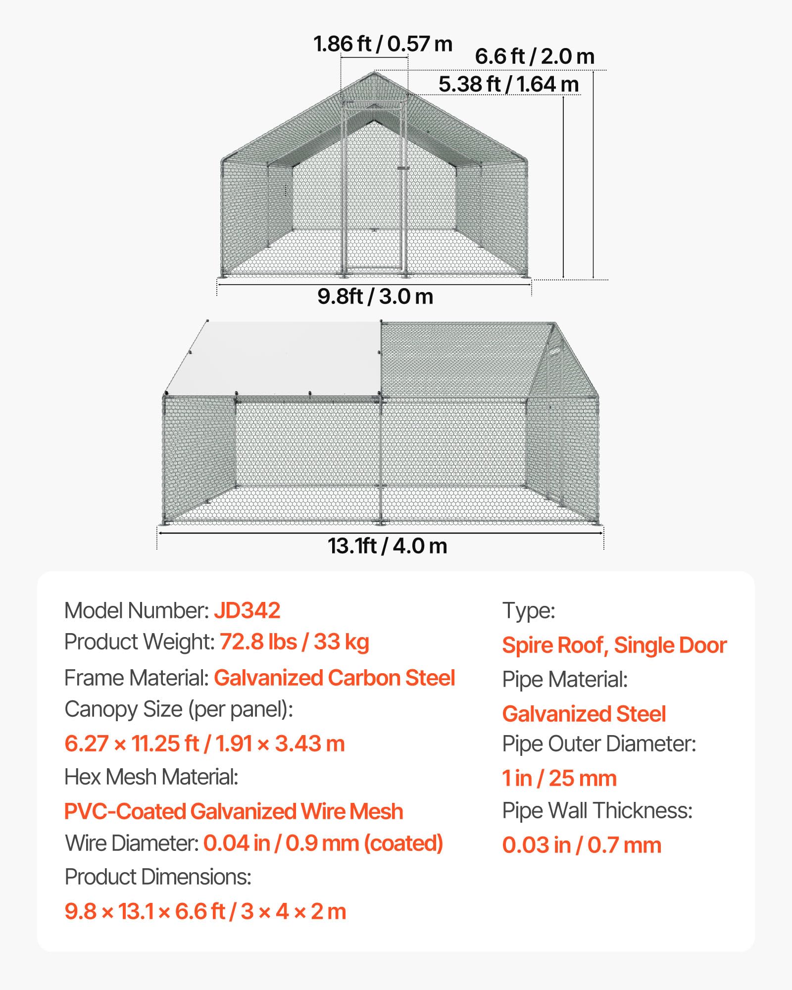 VEVOR Gallinero de Metal 3 x 4 x 2 m, Corral Grande para Gallinas con Cubierta, Cerramiento de Gallinero con Techo en Forma de Aguja con Cerradura de Seguridad para Patos, Conejos y Aves de Corral