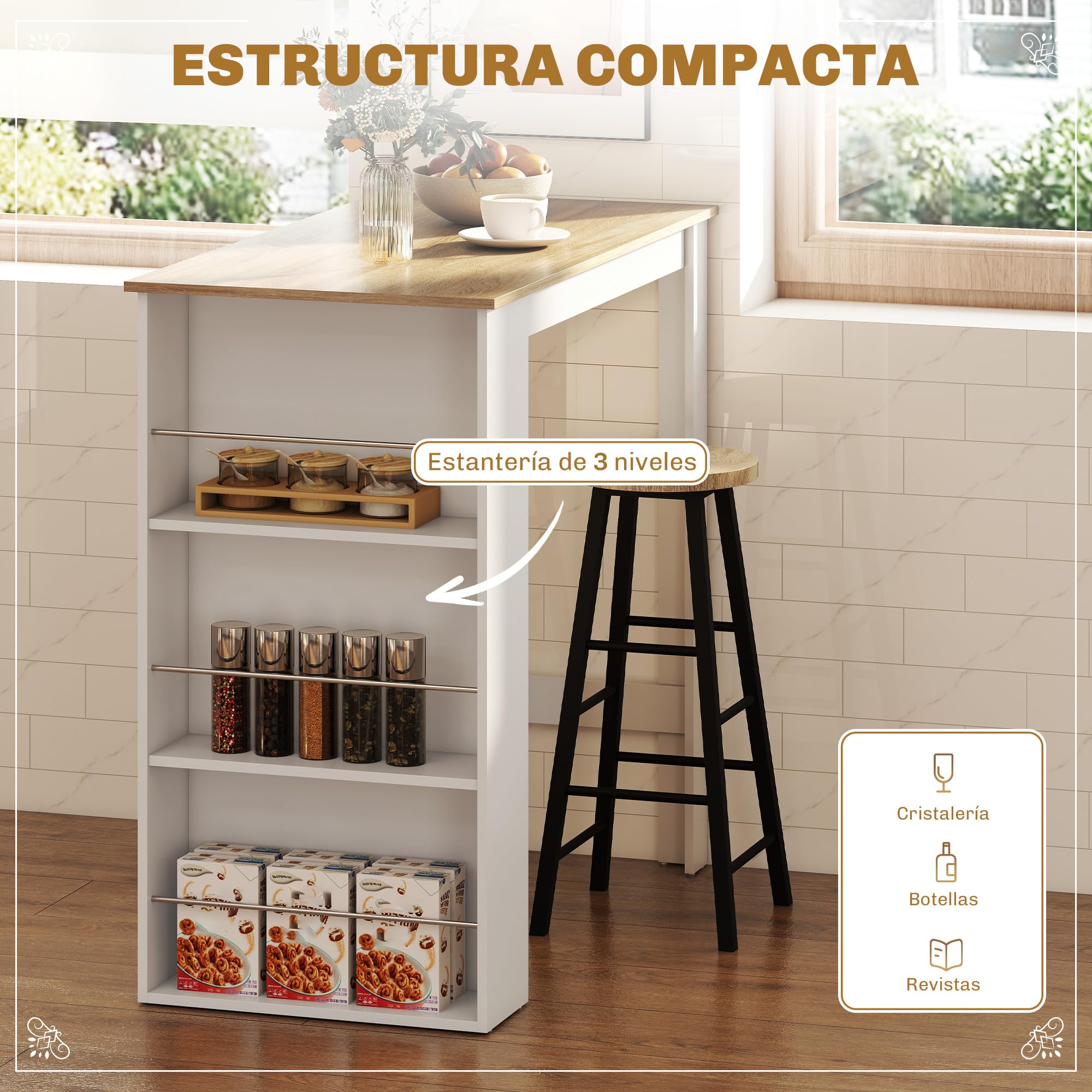 HOMCOM Mesa Alta de Bar, Mesa de Cocina con 3 Estantes Laterales, Estilo Moderno, para Comedor, Salón, 112x57x106 cm, Blanco