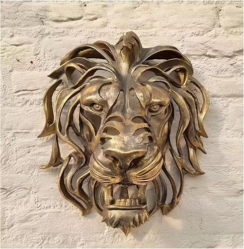 Decoración de pared grande con cabeza de león, escultura artística hecha a mano con cabeza de león, escultura de pared dorada de resina 3D para el