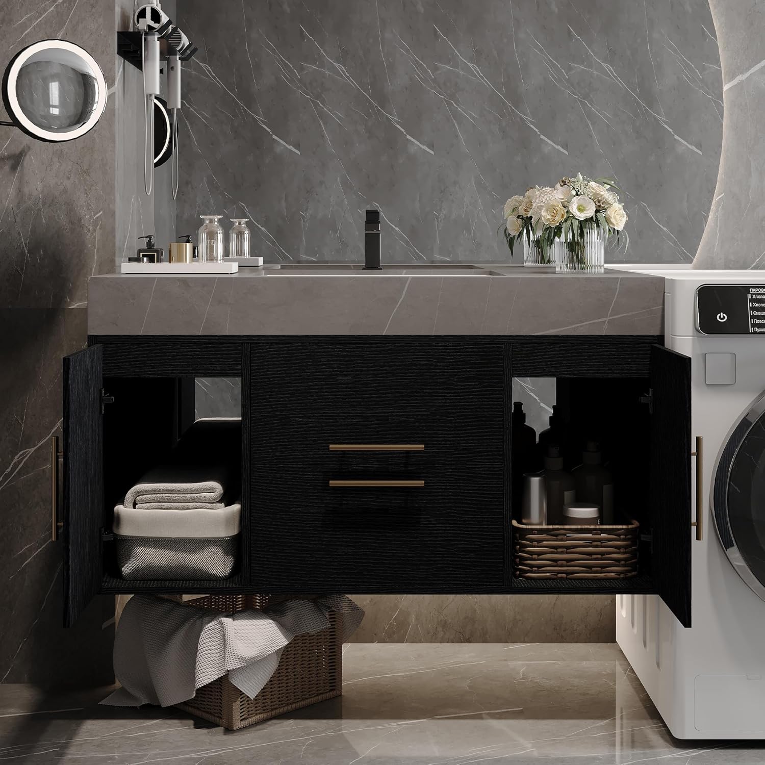 40 inch Floating Bathroom Vanity with Sink, Modern Wall Mounted Bathroom Cabinet with Ceramic Sink, Grey Sintered Stone Countertop, 2 Soft Closing Drawers & 2 Storage Cabinet, Gold Handle, Black