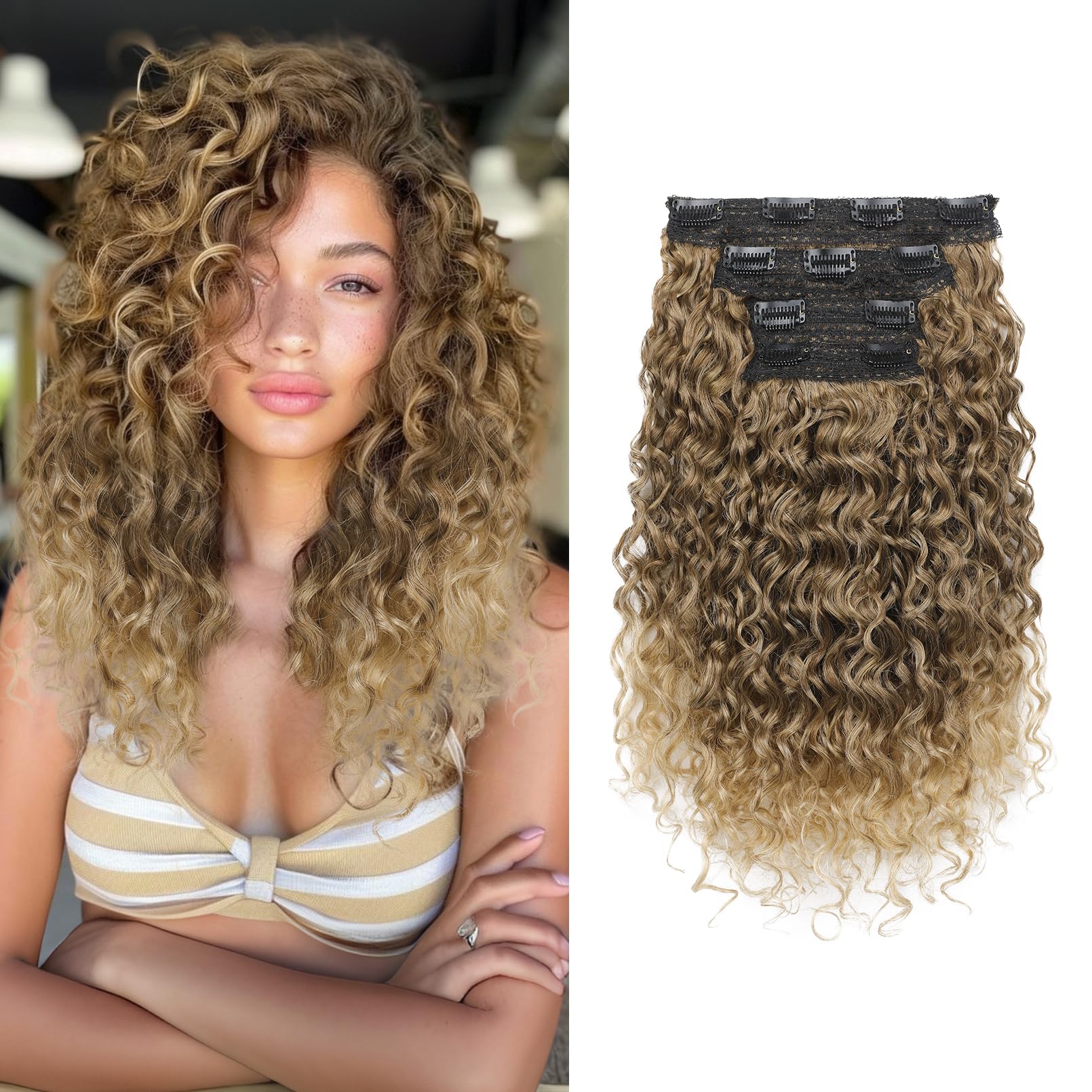 Flufymooz 4PC Clip in Hair Extensions, 14 Inch 100％ Pure Protein Silk Short Hairpiece Deep Curly Wavy Hair Extensions Clip in Natural Soft Hairpiece