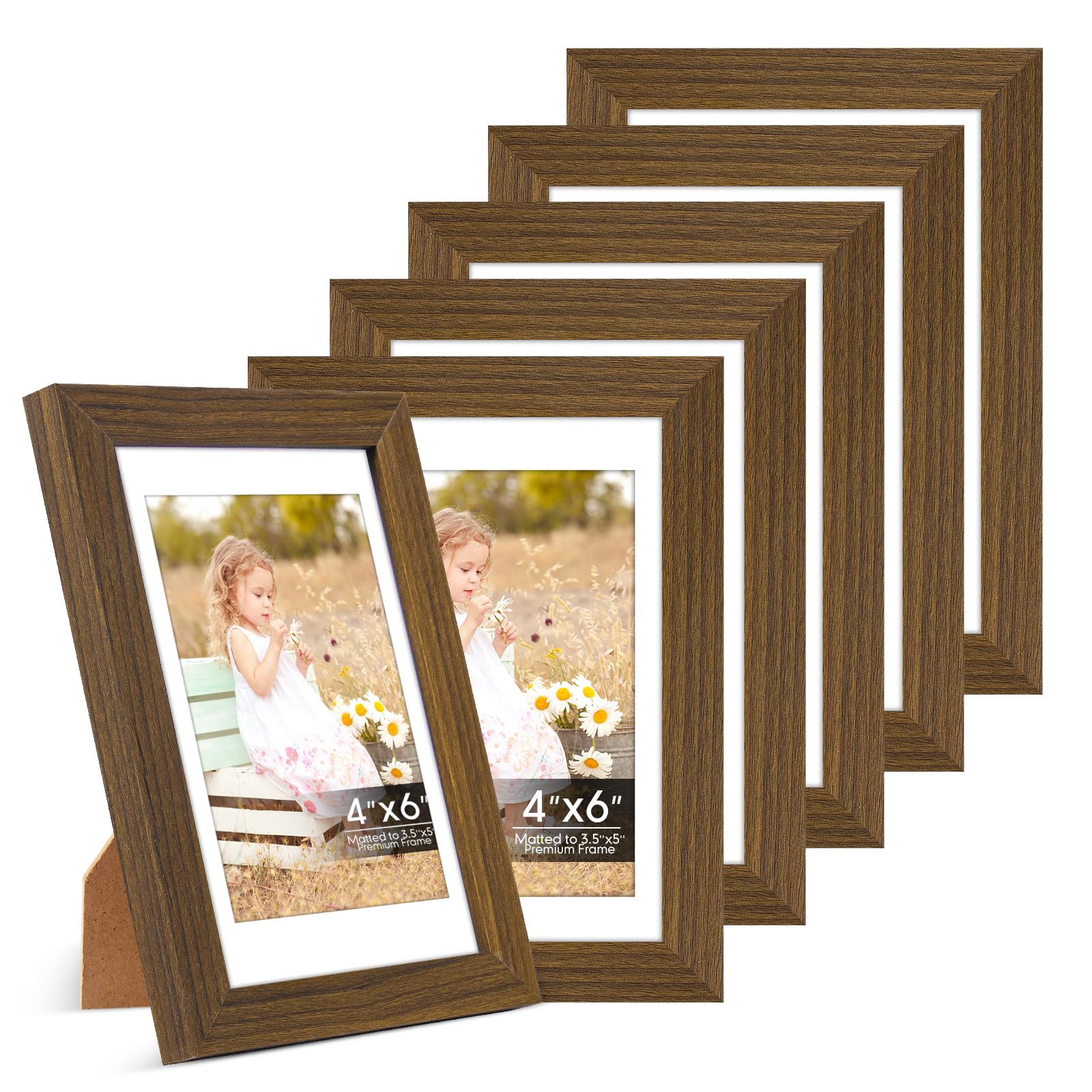 6 Pack 4x6 Frames, Mat for 3.5x5 Photos, Shatter HD Plexiglass | Removable mat fits two photo sizes, slim frame with stand for horizontal &amp; vertical tabletop &amp; wall mount
