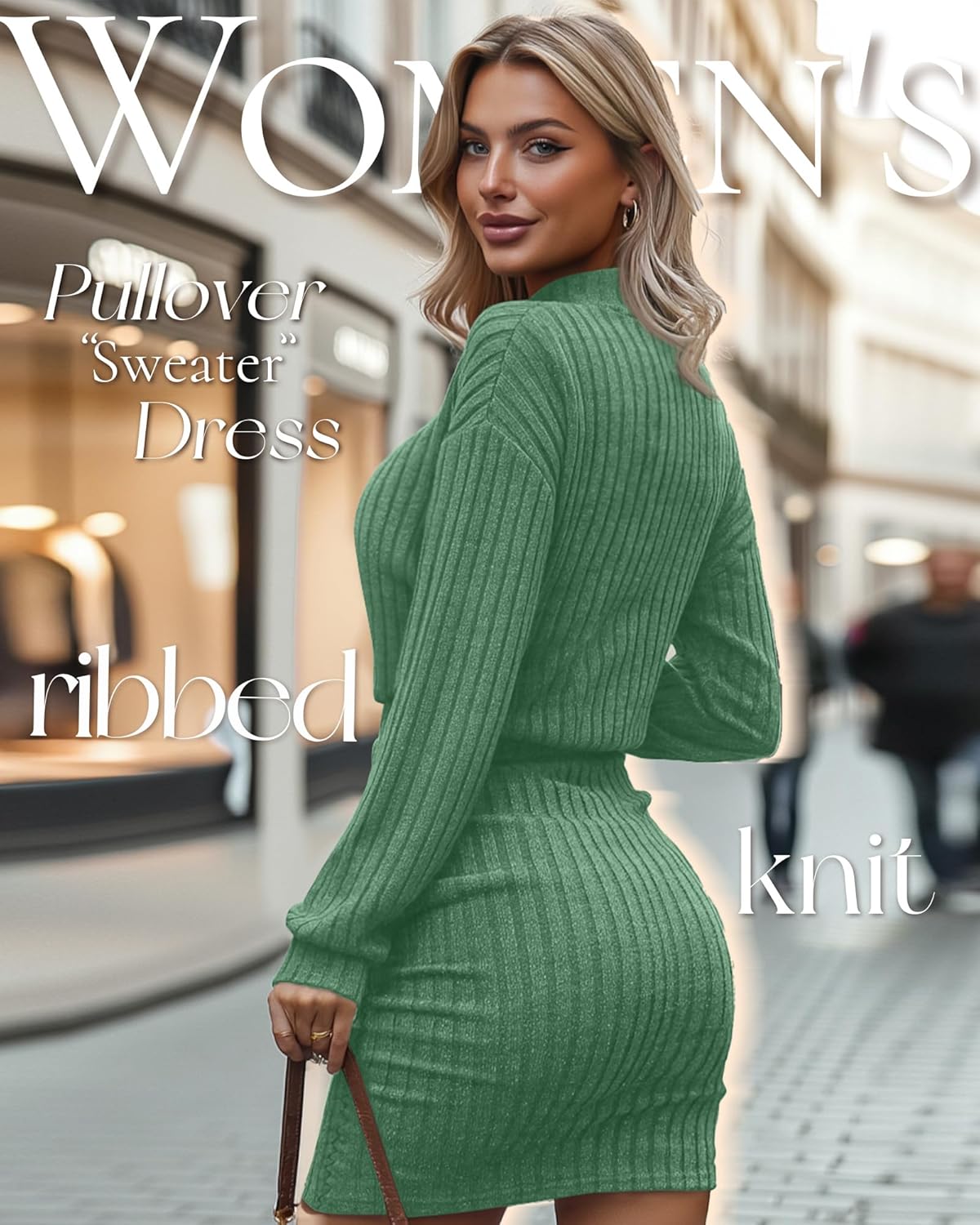 Women's Pullover Sweater Dress Long Lantern Sleeve Ribbed Knit Mock Neck Ruched Bodycon Casual Mini Dress 2025 - Image 2