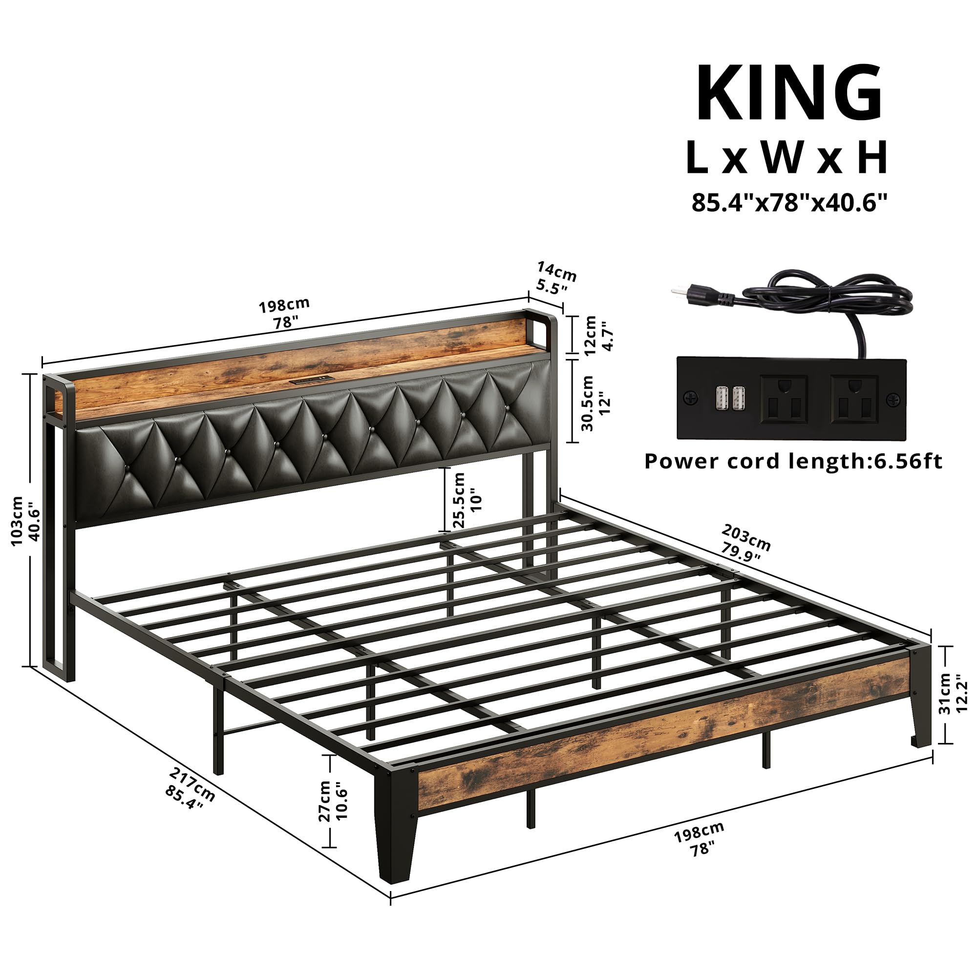 ANCTOR King Bed Frame, Storage Headboard with Outlets, Easy to Install, Sturdy and Stable, No Noise, No Box Springs Needed, Rustic Brown and Black