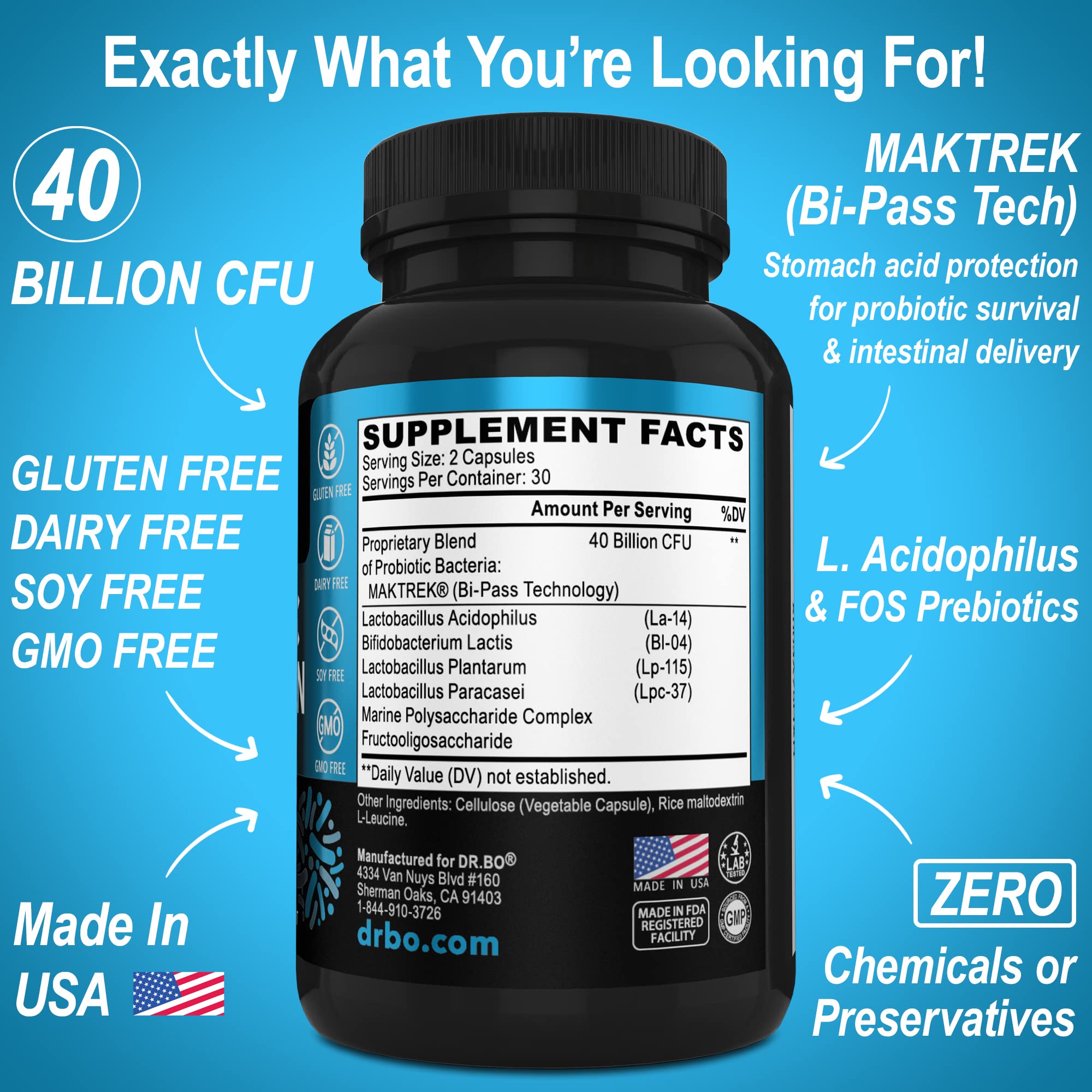 Probiotic 40 Billion CFU Supplement - Lactobacillus Acidophilus Probiotics for Women & Men Capsules - Gluten Free Probiotics for Digestive Health Pills with Bifidobacterium, Plantarum, Paracasei, FOS