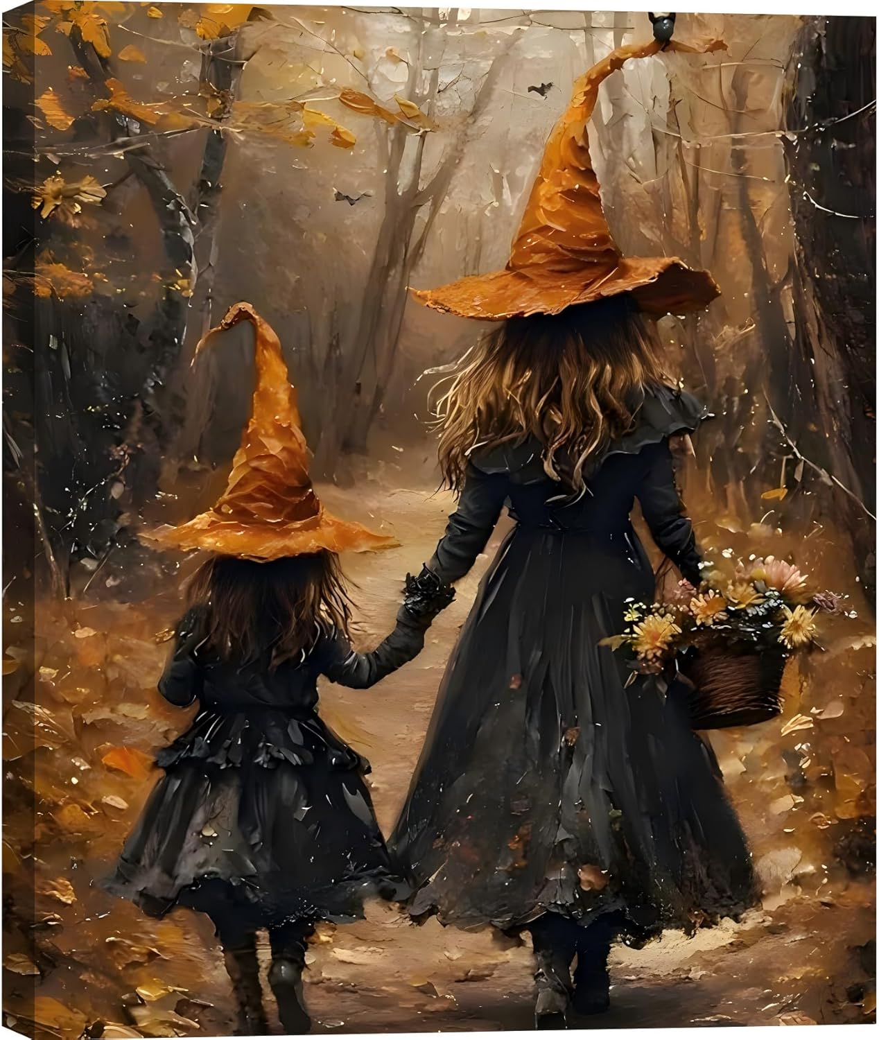 Halloween Witch Framed Canvas Art 20x30, Two Cute Witches in the Autumn Scene Forest Poster, Fall Pictures Wall Decor Prints for Living Room, Bedroom, Perfect Festive Home Decorations