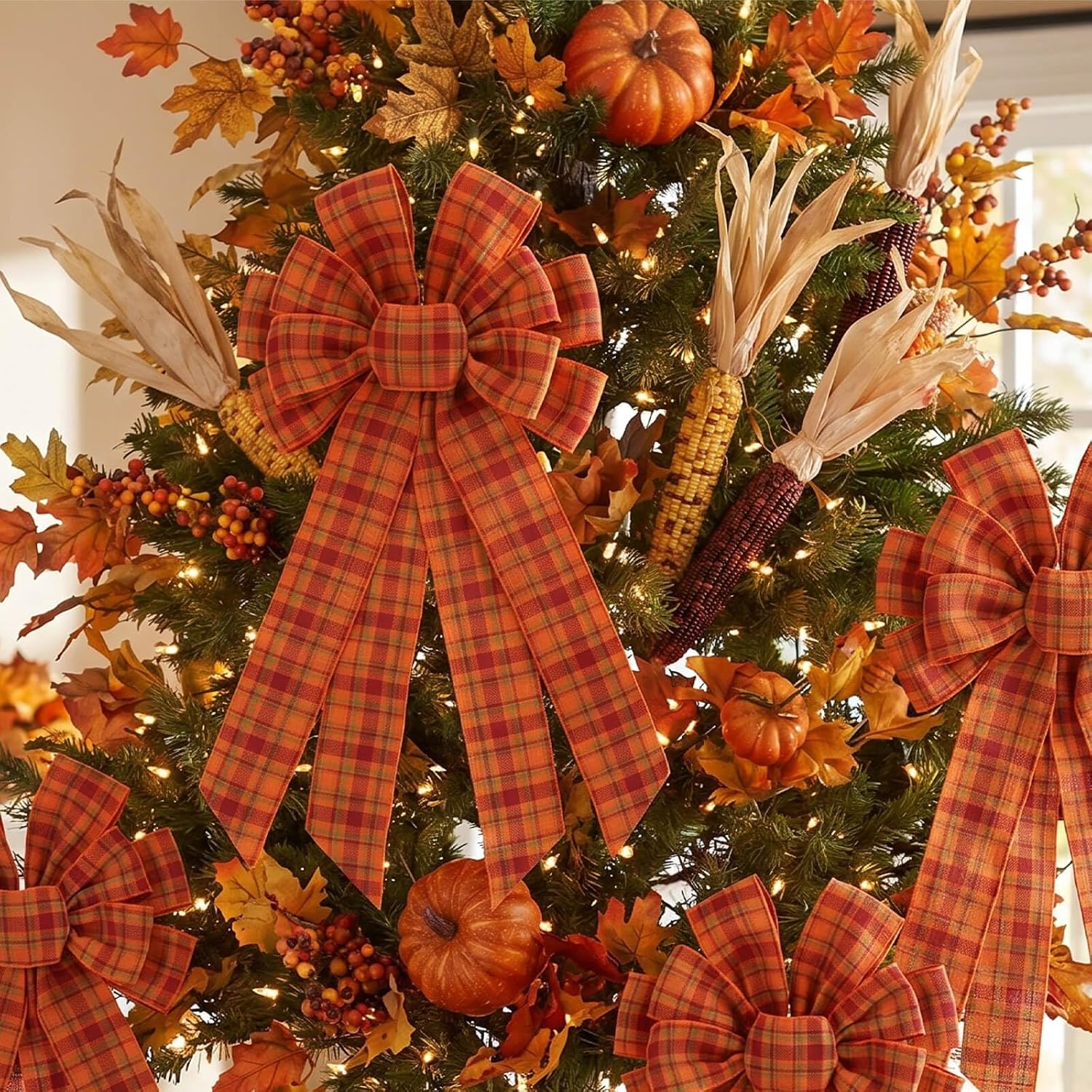 YKW Large Fall Wreath Bow, 20 Inch Orange Plaid Burlap Bow for Wreaths Farmhouse Autumn Thanksgiving Decorative Hanging Ornament for Front Door Indoor Outdoor Holiday Decorations