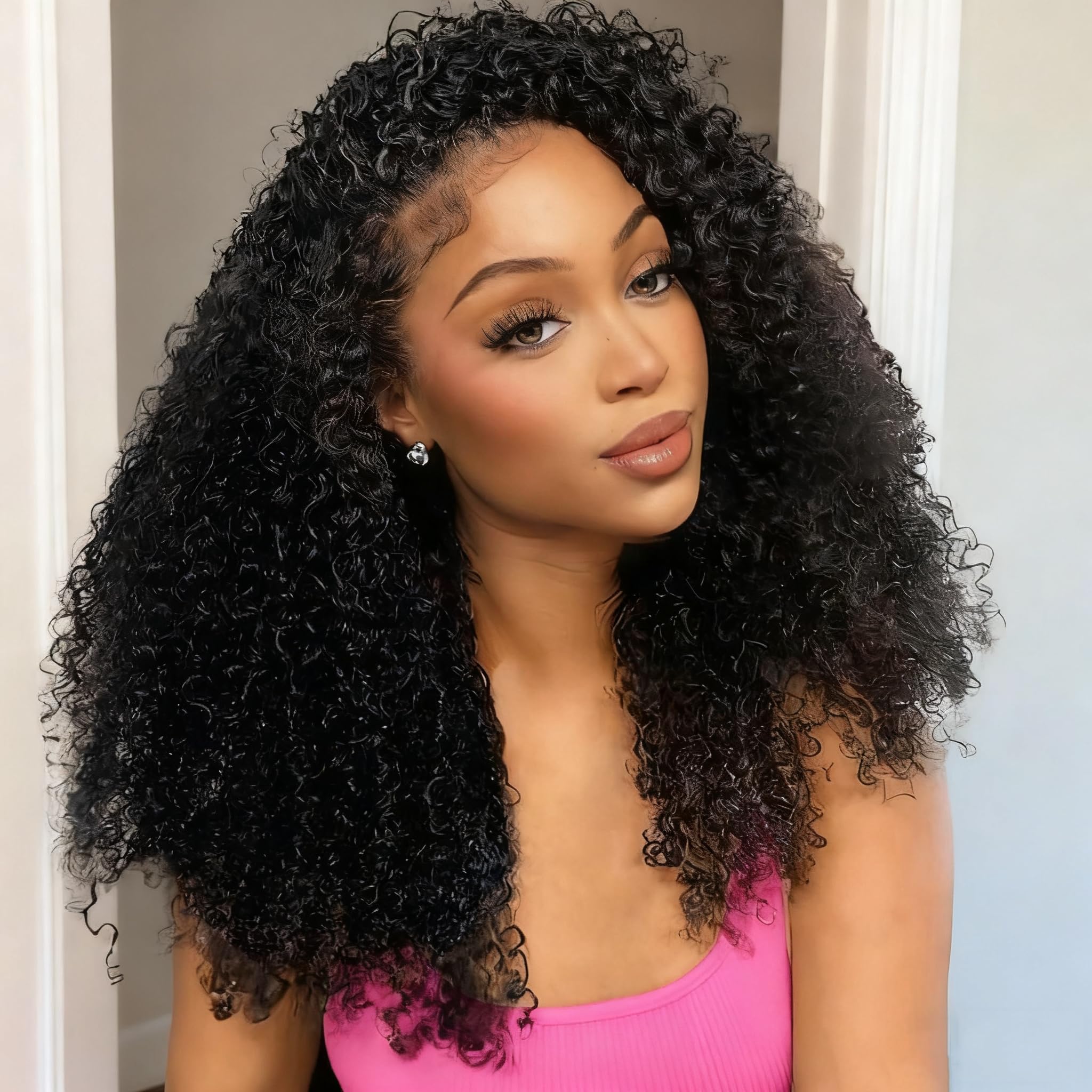 Ali Pearl real 180% Half Wig Human Hair Glueless Upgrade 3 IN 1 Half Wig with Drawstring Seamless Clip ins Flip Over Kinky Curly Human Hair for Beginner Friendl