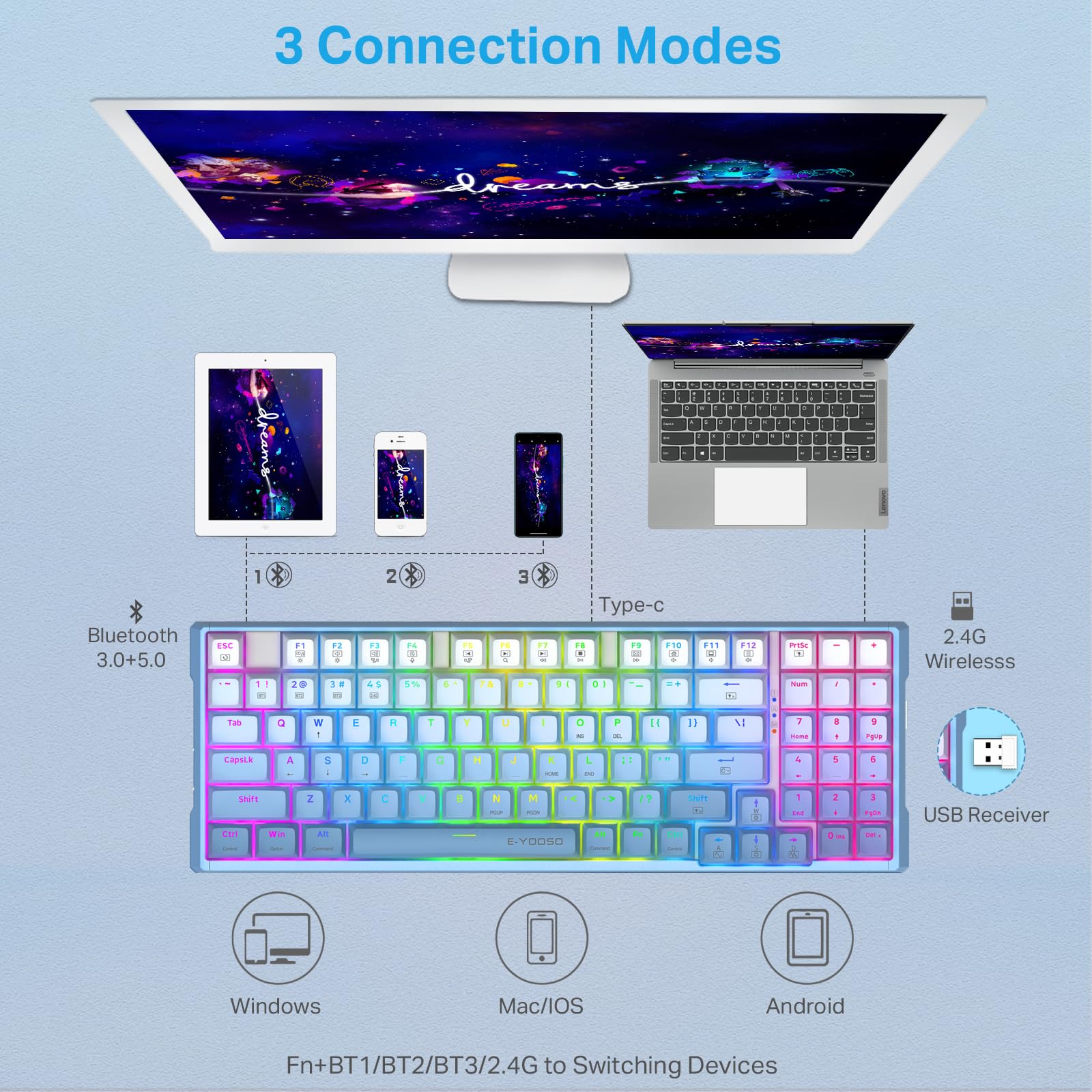 Amazon.com: Tri-Mode RGB Backlit Mechanical Keyboard, Rechargeable