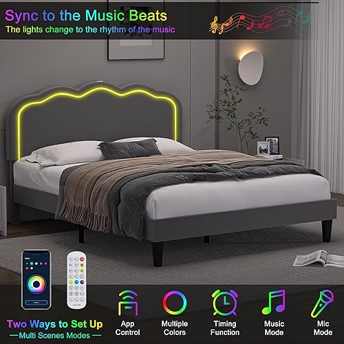 Miniatura 50 de VECELO Base de cama tapizada de tamaño individual con cabecero ajustable, luces LED, USB-A y tipo C, plataforma de terciopelo sin ruido, base de